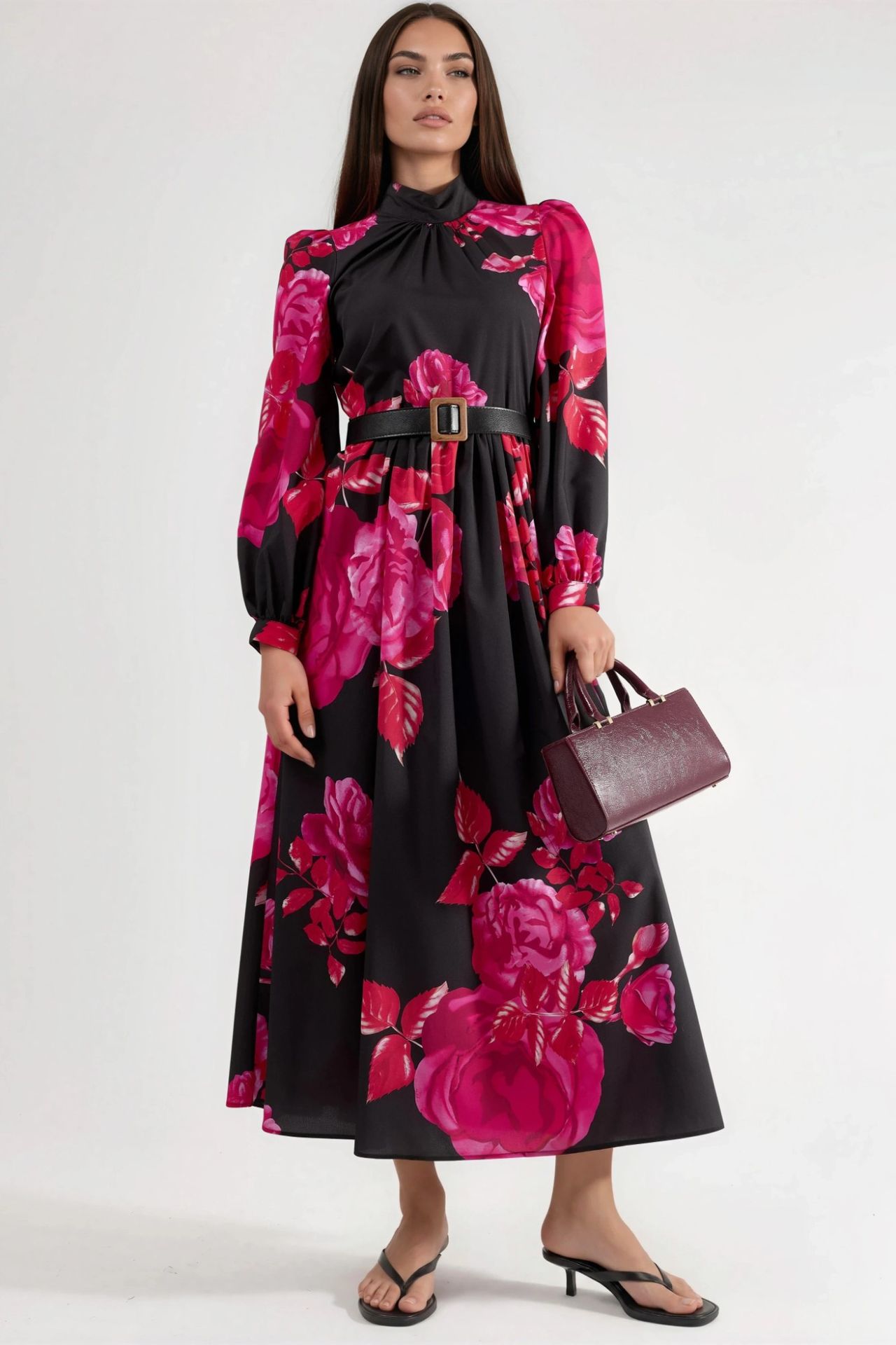 MSN Floral Belted Maxi Dress with Half Turtleneck 1