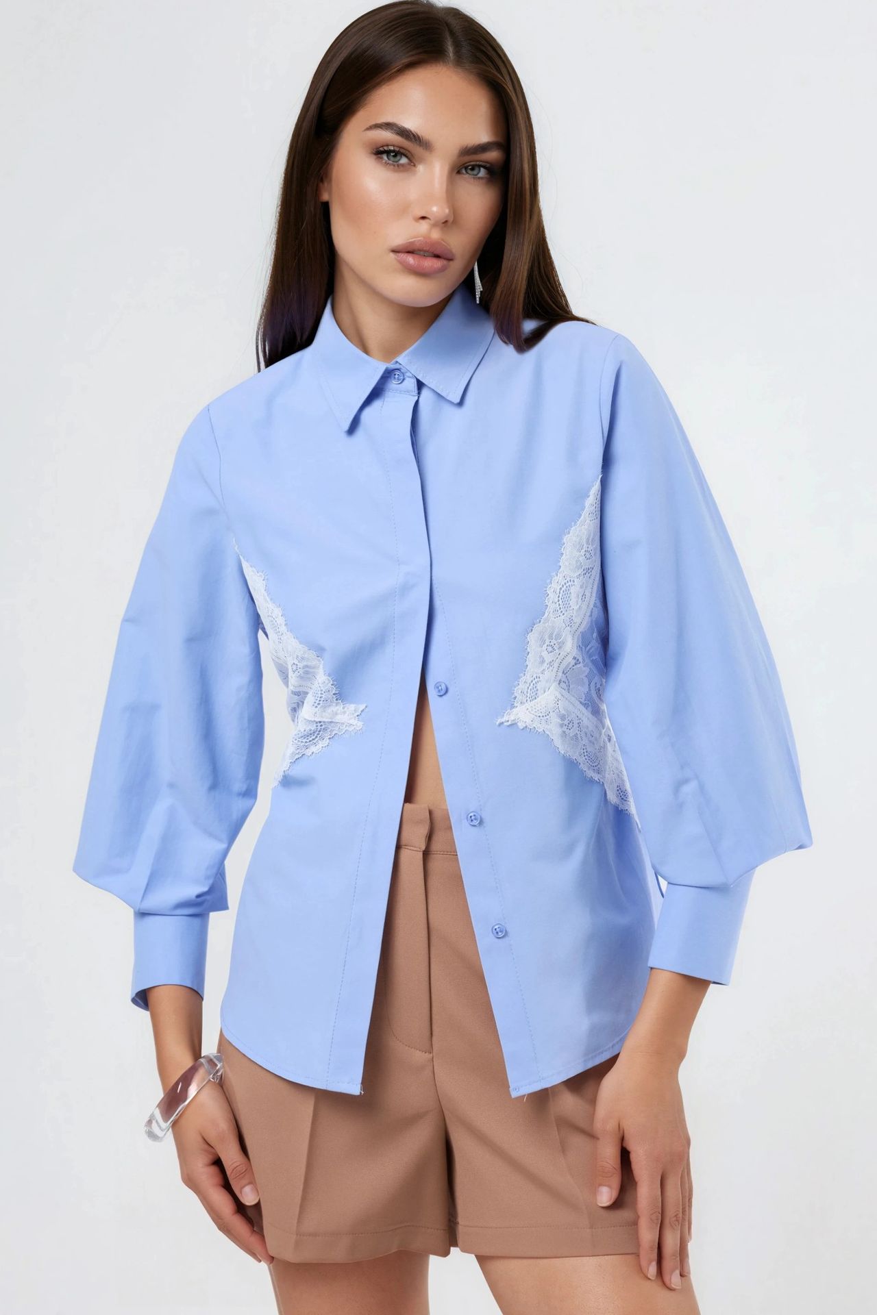 QU STYLE Lace Detailed Fitted Poplin Shirt 1