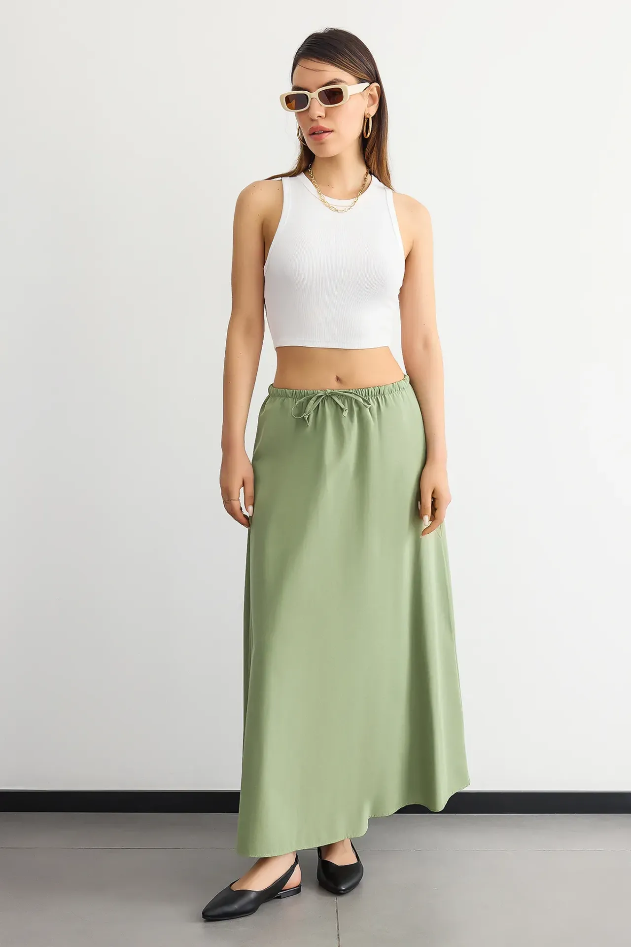 Mid-Rise Maxi Skirt with Drawstring