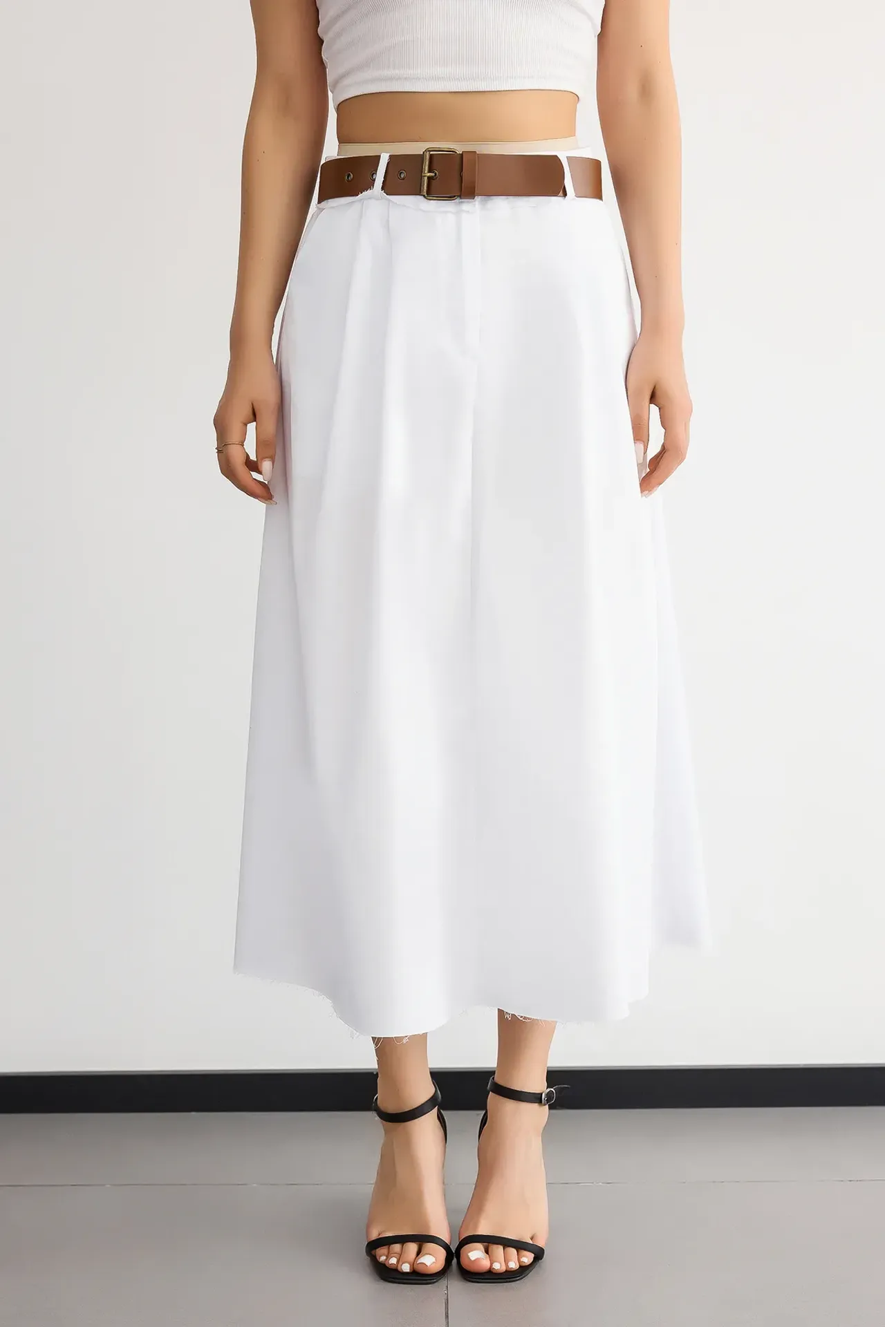 Belt-Detailed High-Waist Cotton Midi Skirt