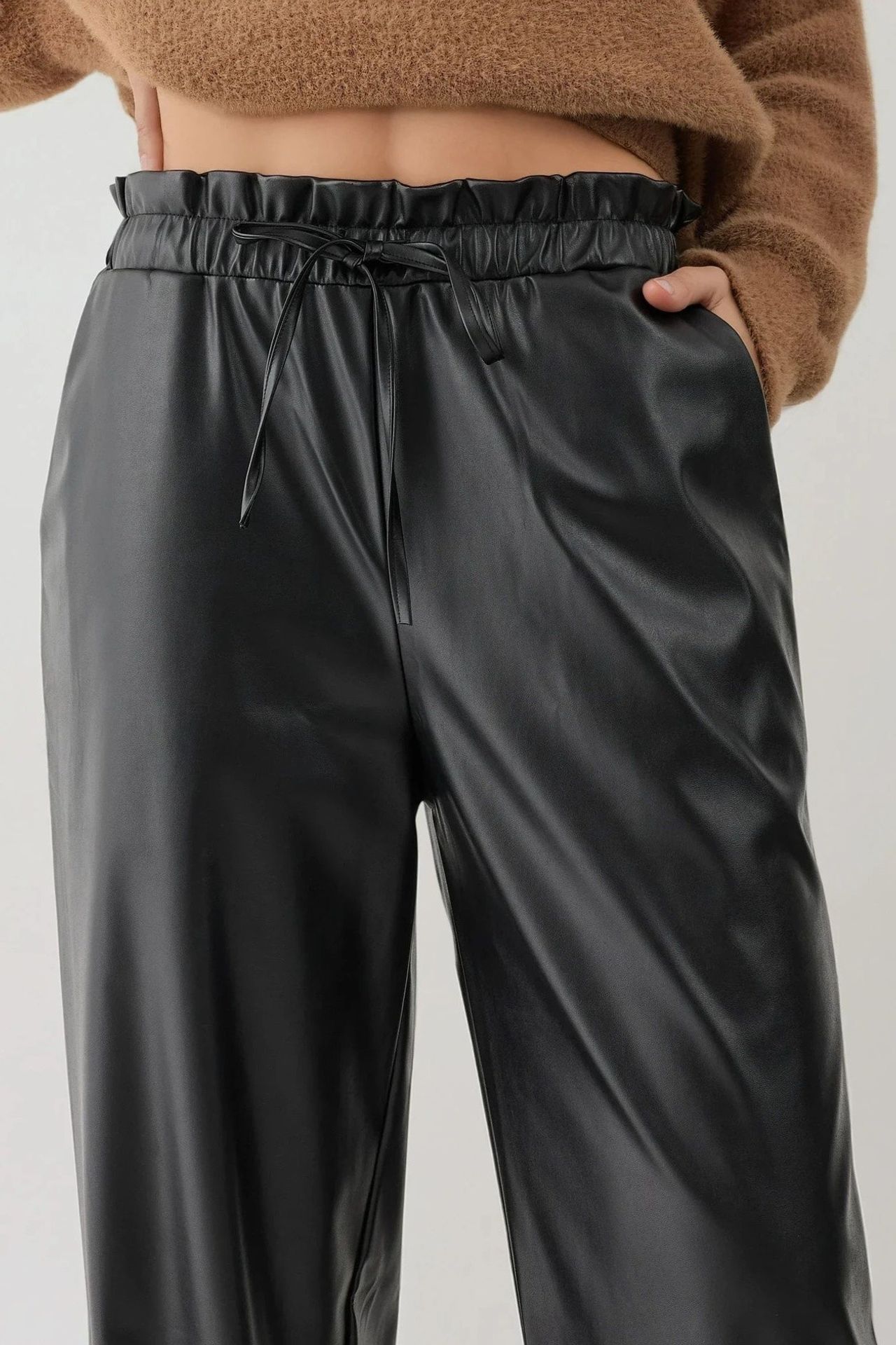 Faux Leather Elastic Waist Straight Leg Pants 5