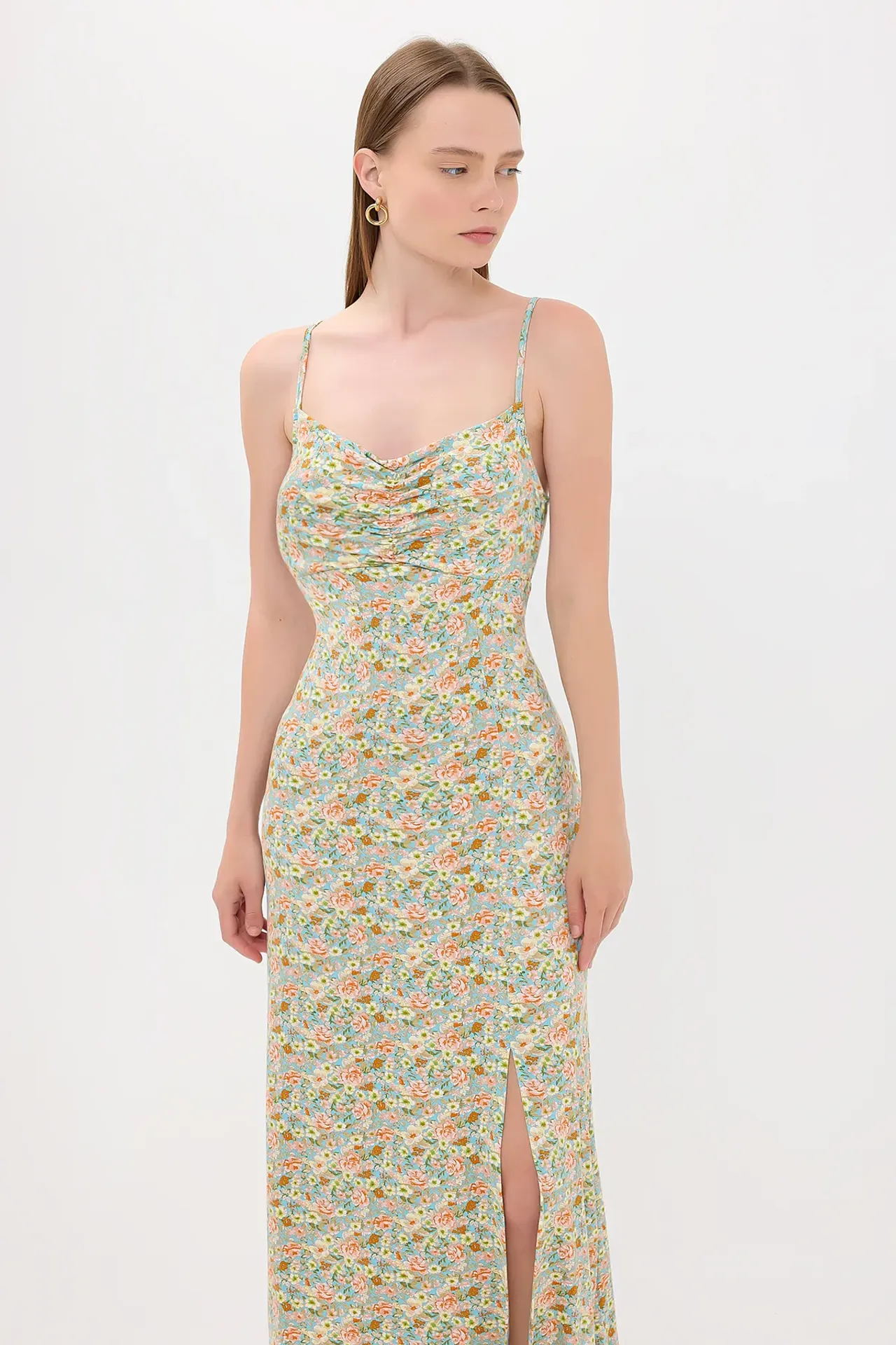 Floral Ruched Spaghetti-Strap Midi Dress