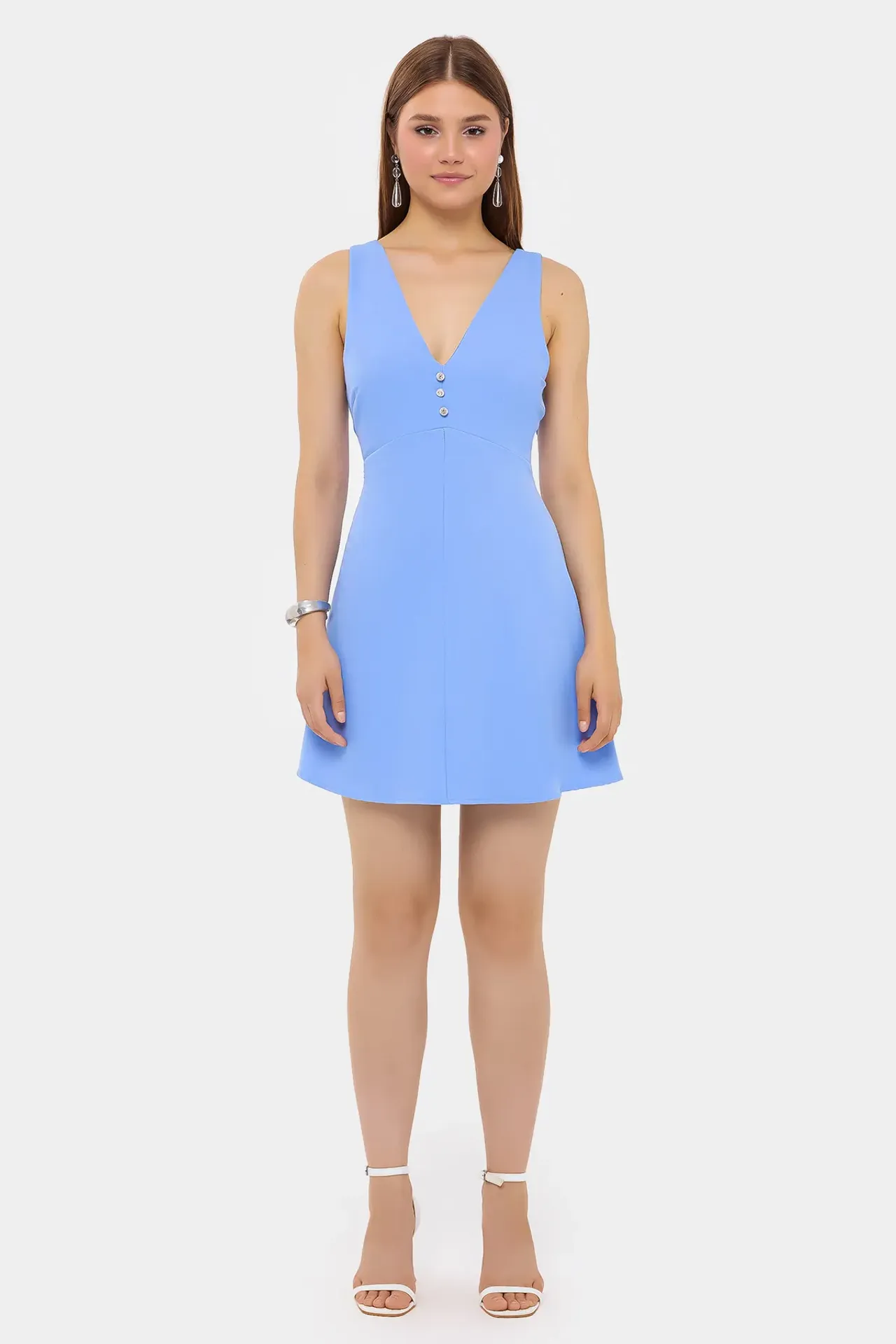 Cotton V-Neck Cut-Out Buttoned Detail Mini Dress