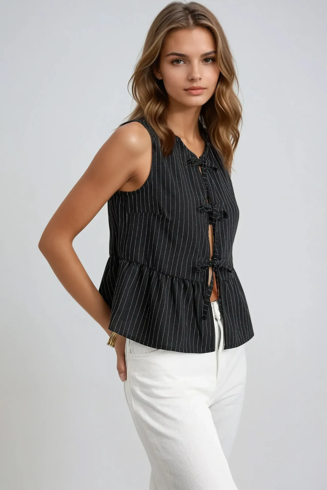 Striped Crew Neck Sleeveless Blouse