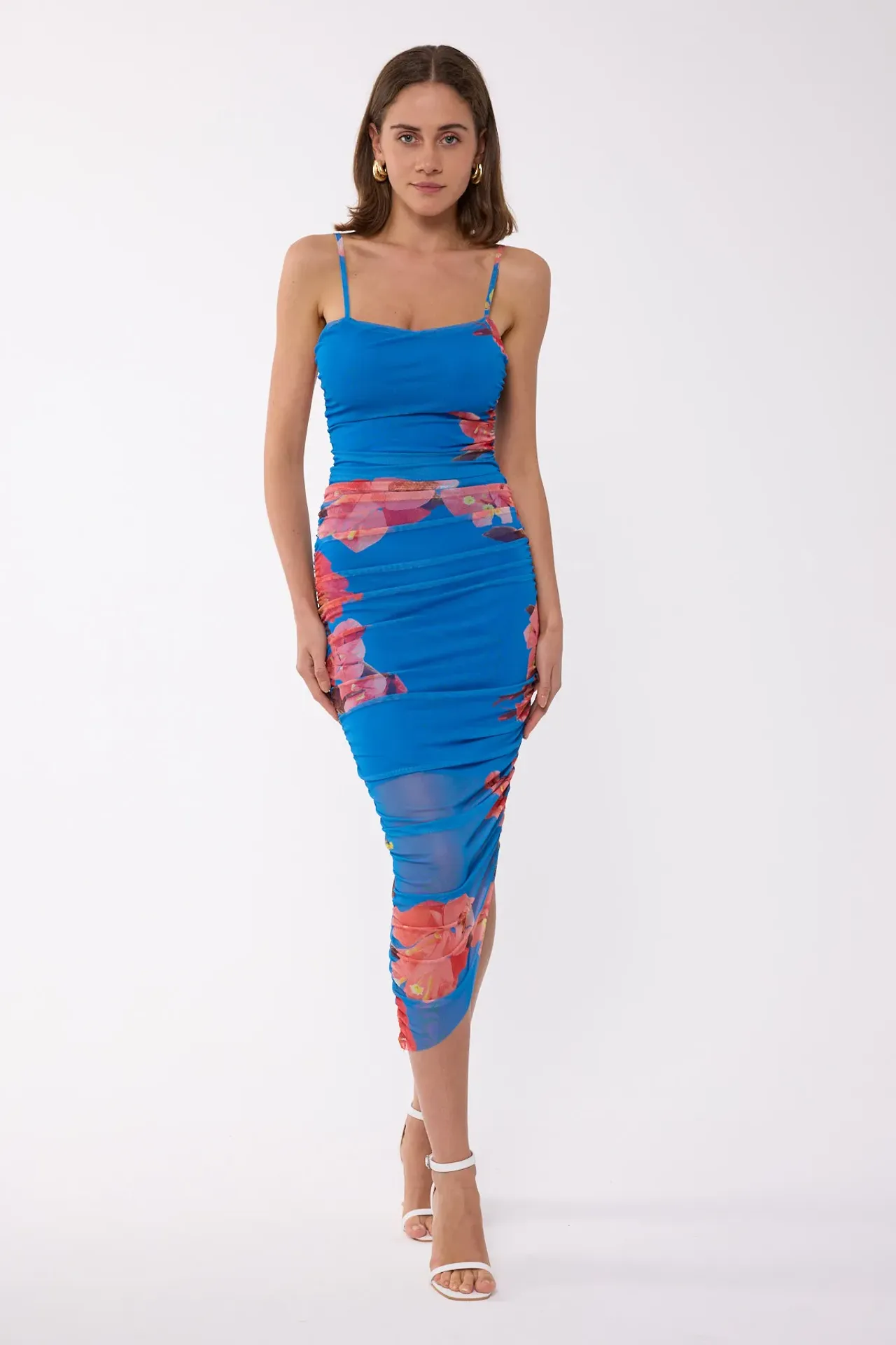 Floral Ruched Spaghetti-Strap Bodycon Midi Dress