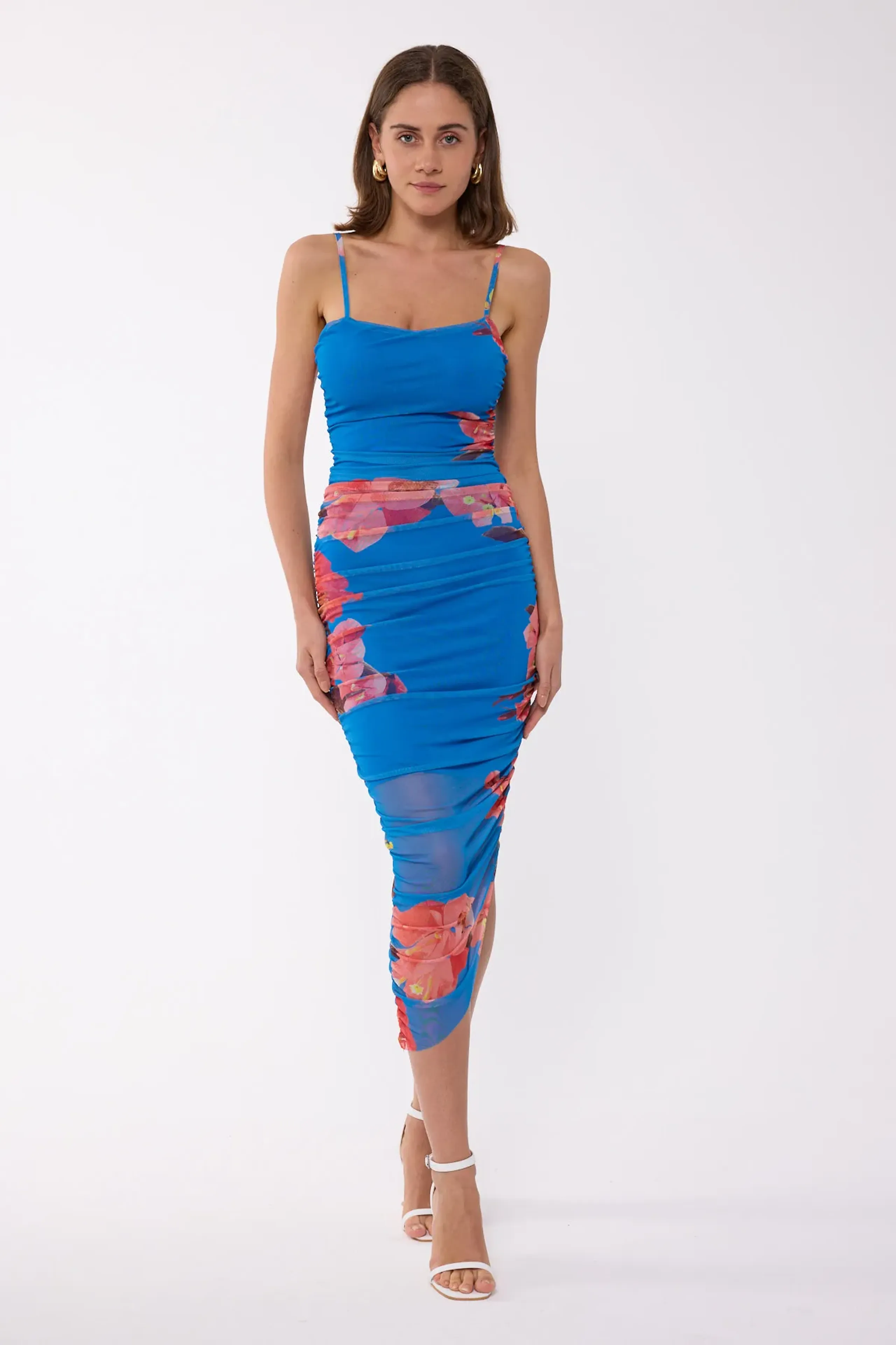 HiCCUP - Blue Floral Ruched Spaghetti-strap Bodycon Midi Dress Women