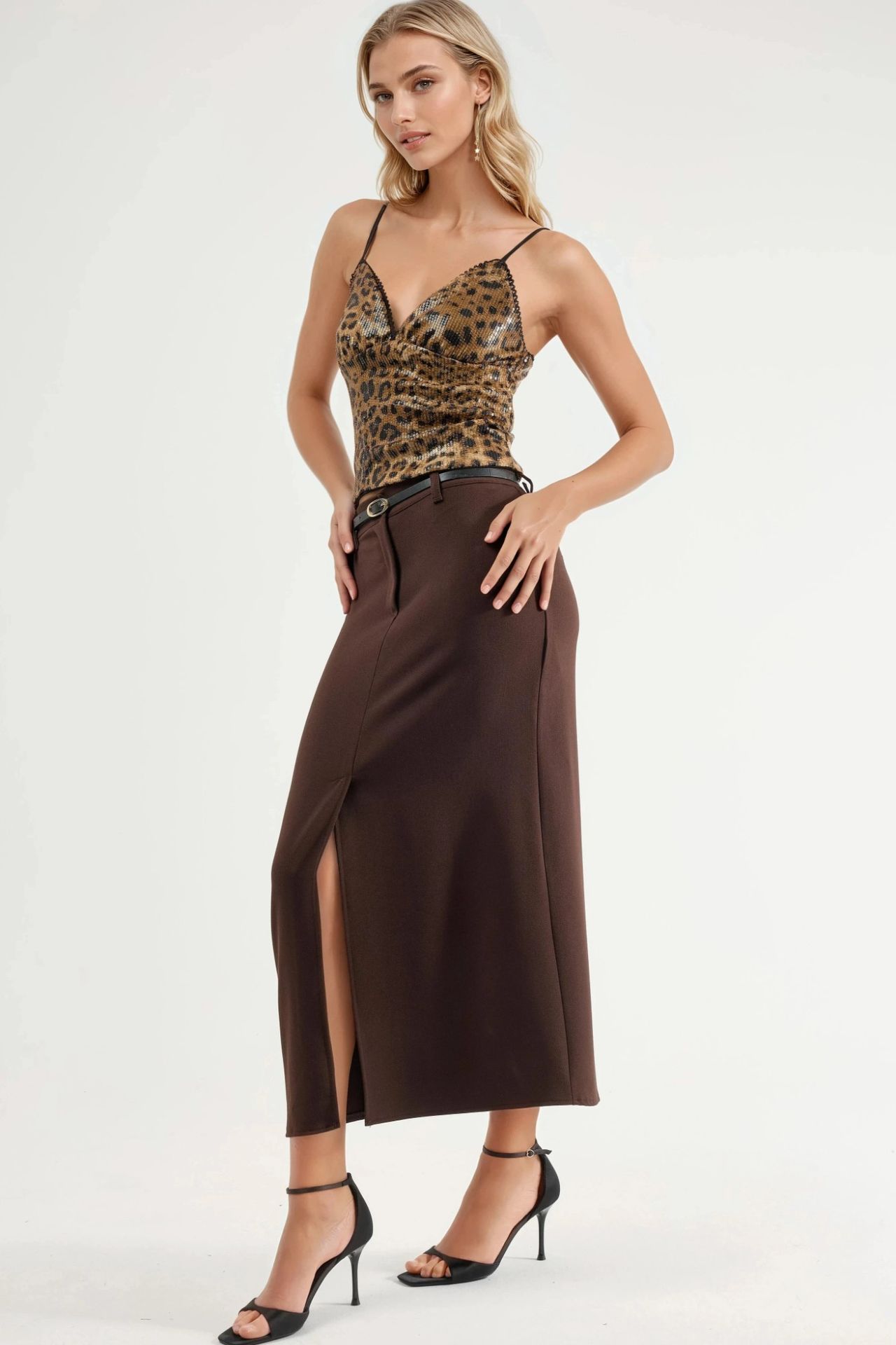 QU STYLE Belted Midi Skirt with Slit 2