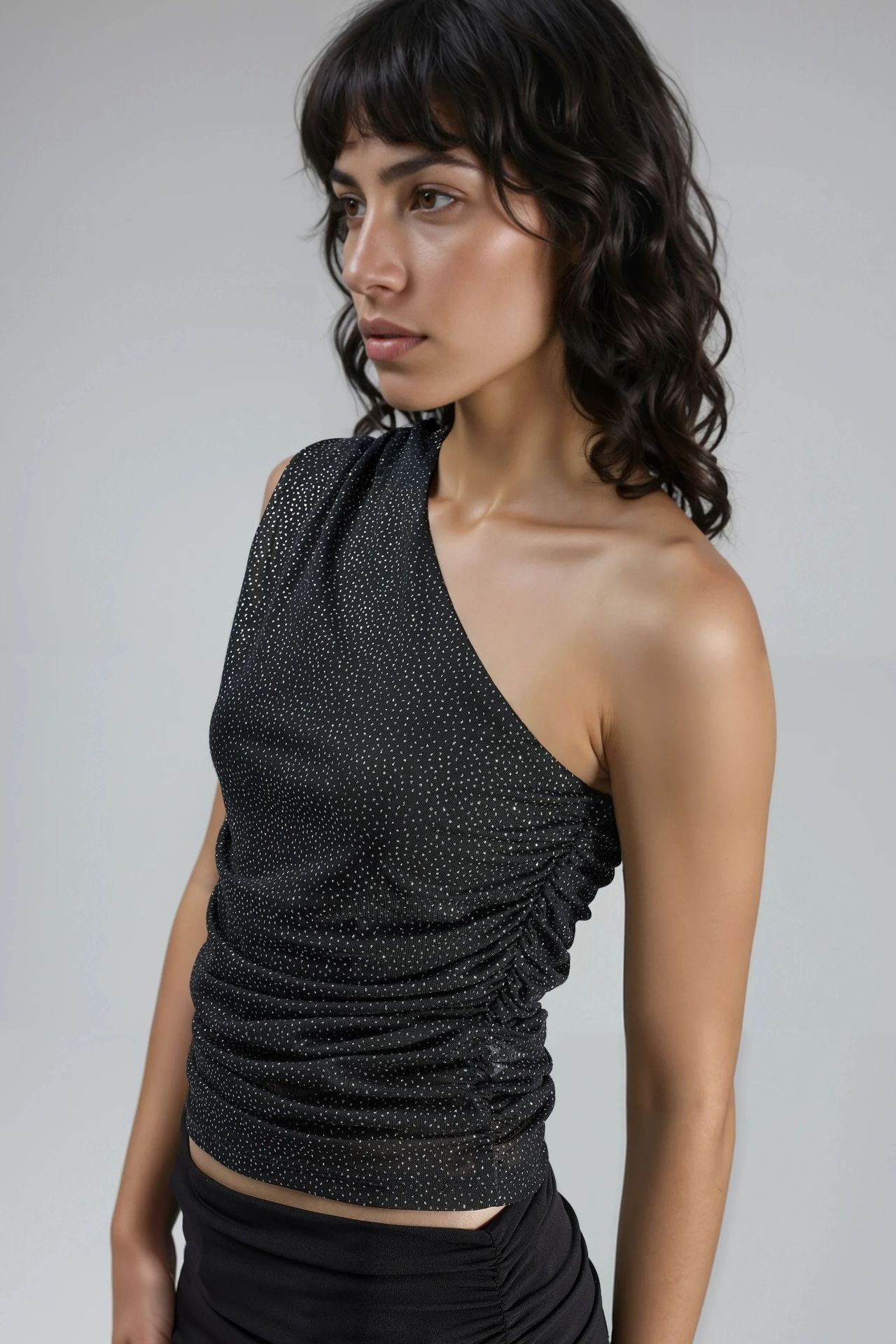 BUSEM Slim Fit Shiny Sleeveless Blouse with Asymmetrical Collar 2