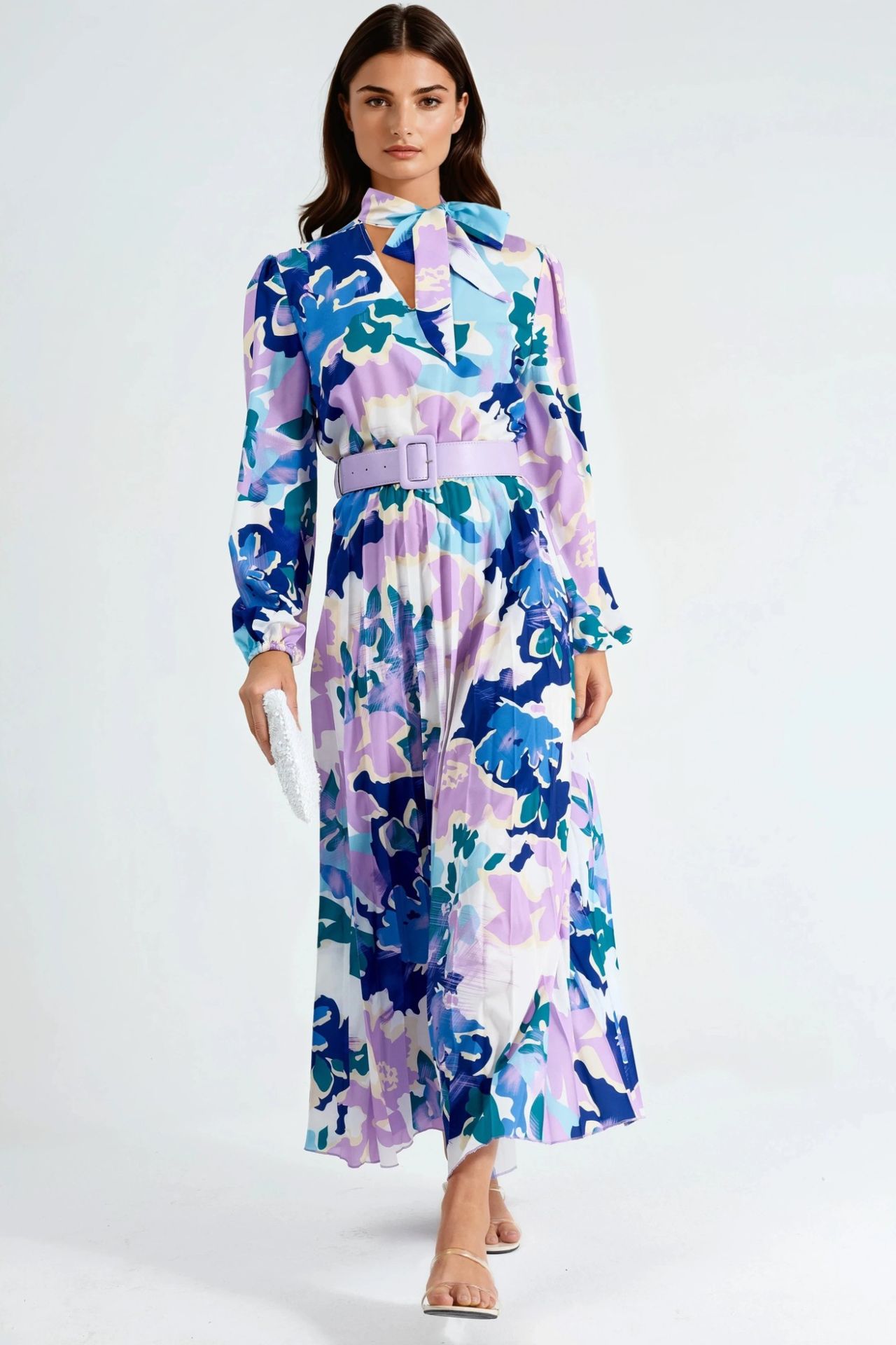 MSN Abstract Print Midi Dress with Choker Collar