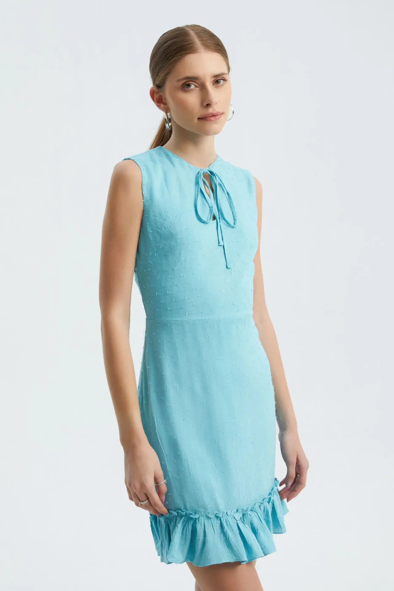 Round Neck Drawstring Ruffle Sleeveless Mini Dress