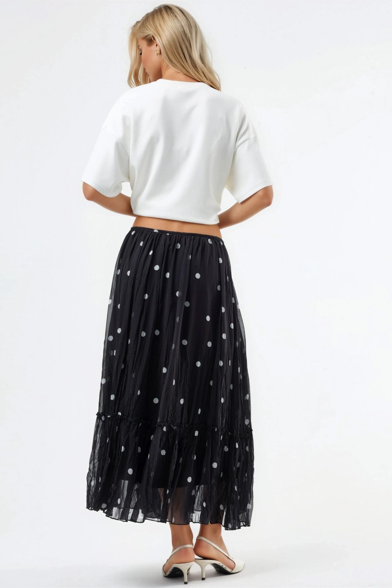 BUSEM High Waist Polka Dot Maxi Skirt with Frills 3