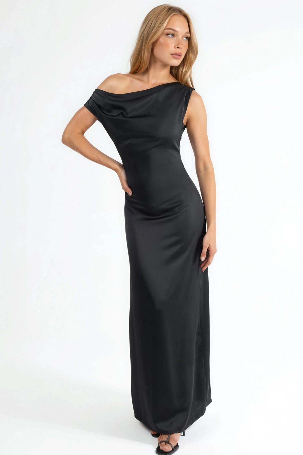 Asymmetrical Collar Bodycon Satin Maxi Dress 6