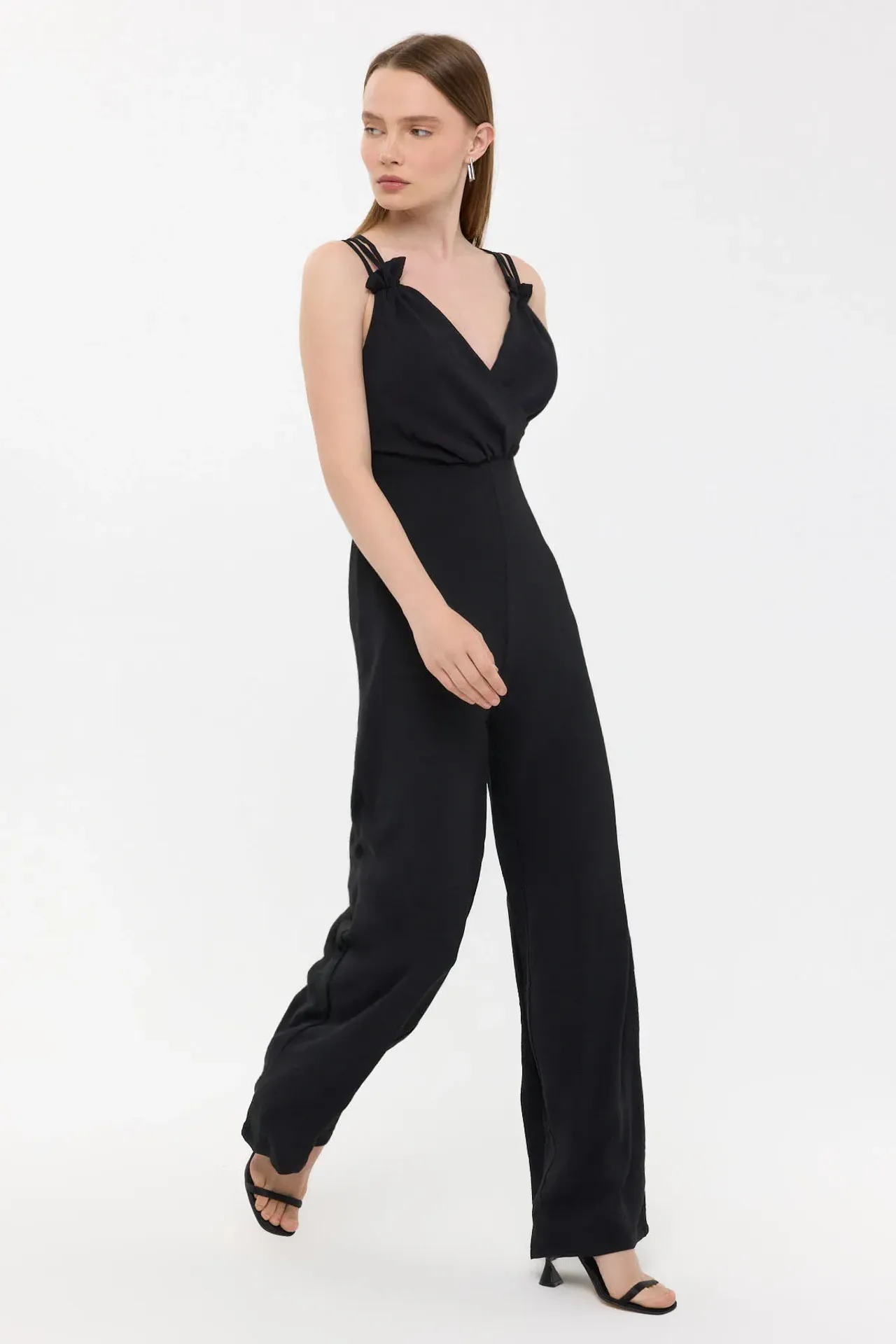 V Neck Wide-Leg Jumpsuit with Tie Detail