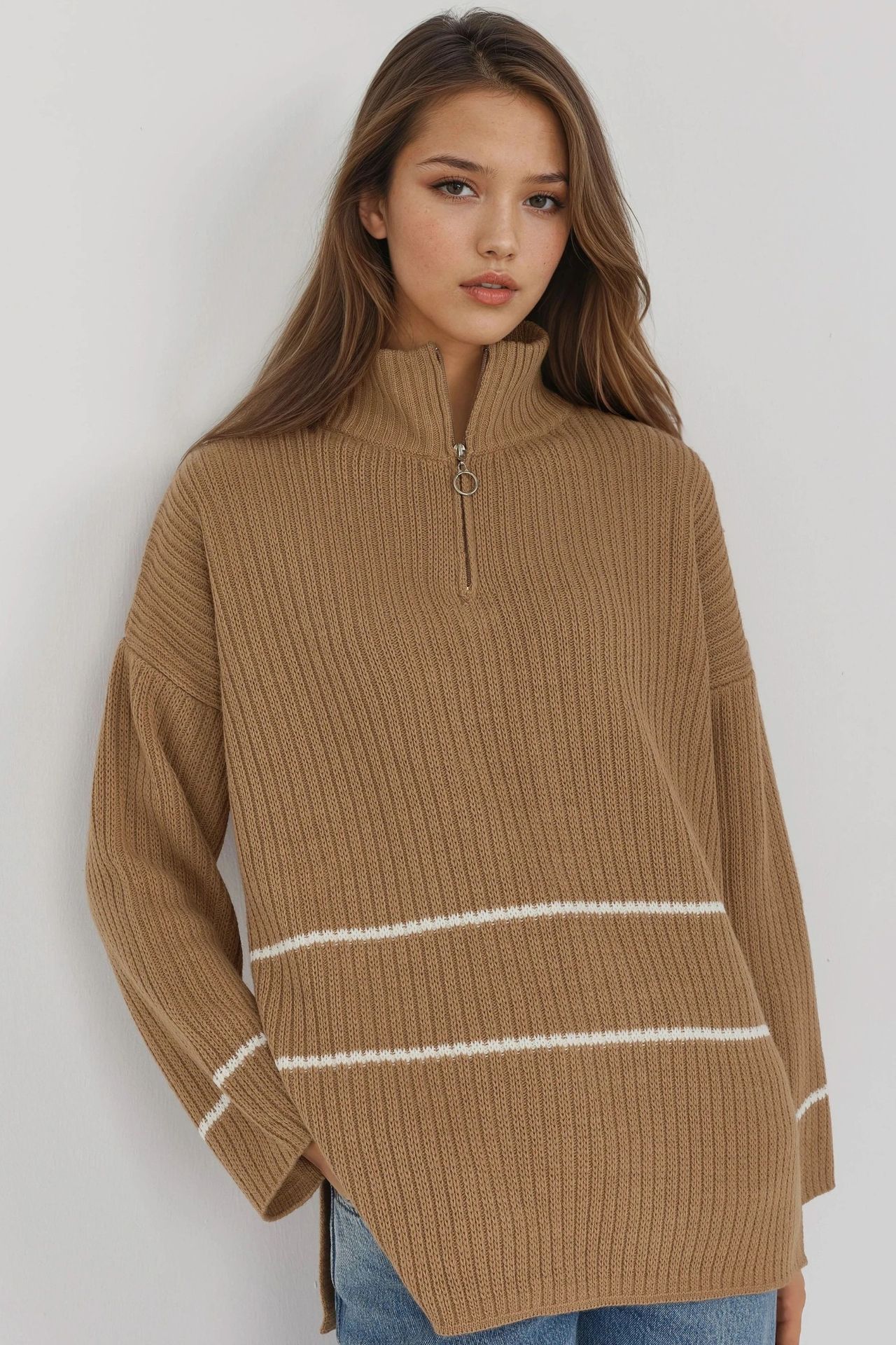MY FASHION Loose Fit Striped Sweater with Zipper Collar 1