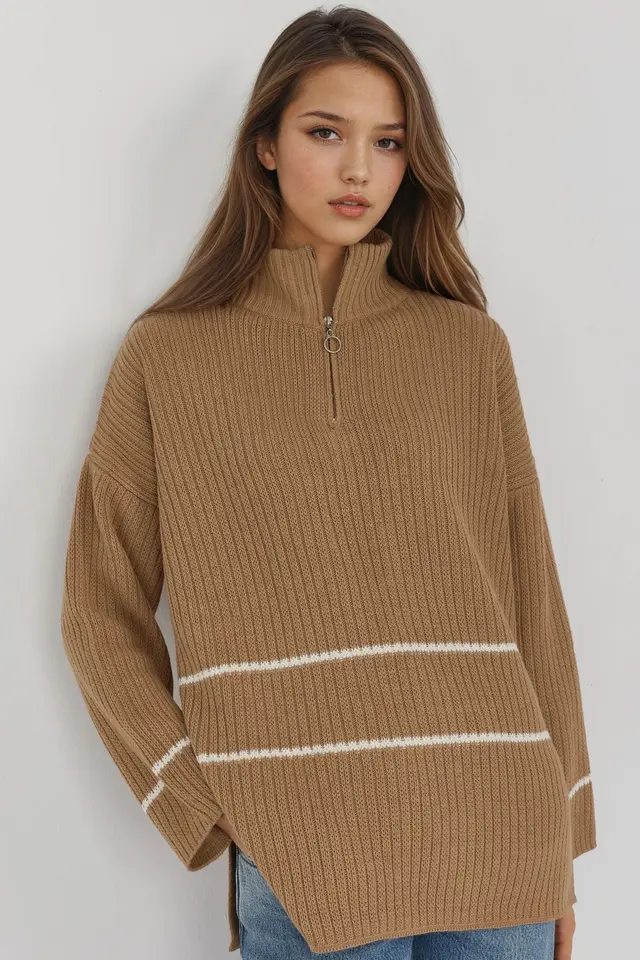 MY FASHION Loose Fit Striped Sweater with Zipper Collar