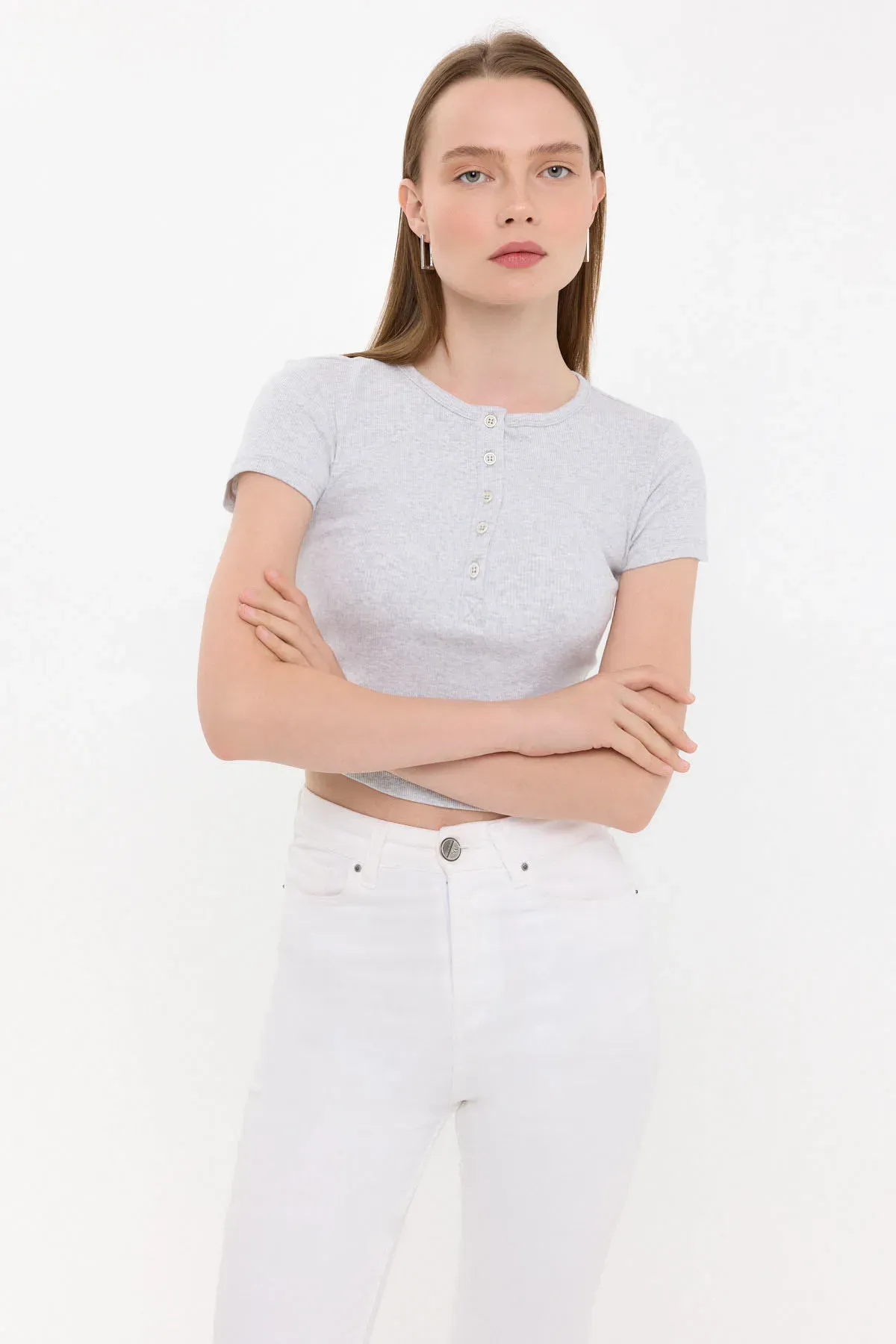 Buttoned Short Sleeve Round Neck T-Shirt 1