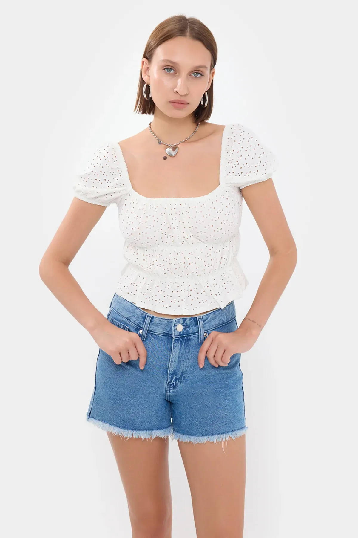 Embroidered Square Neck Short Sleeve Peplum Top 1