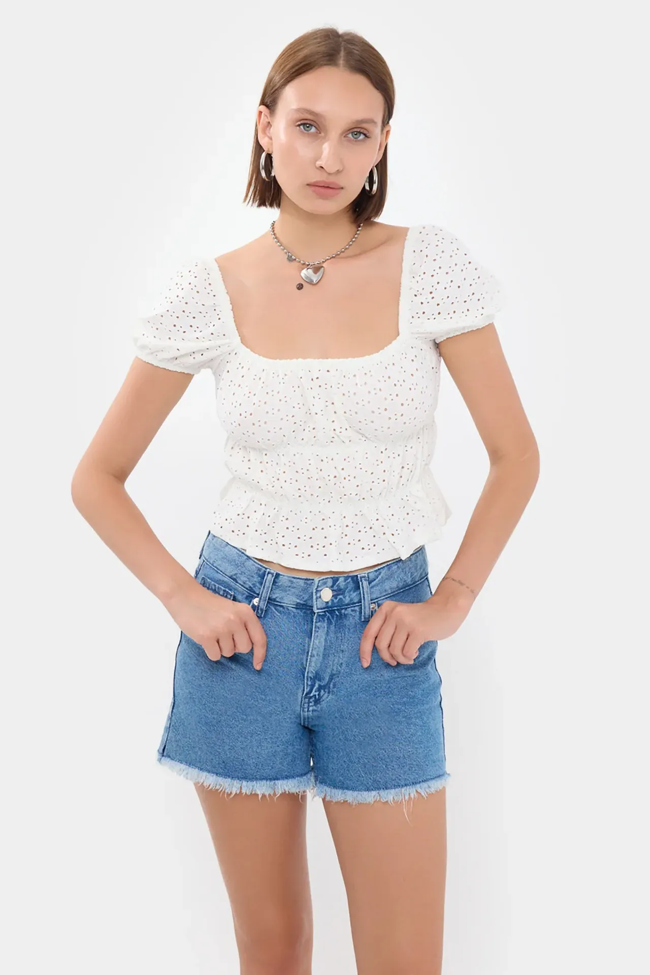 Embroidered Square Neck Short Sleeve Peplum Top