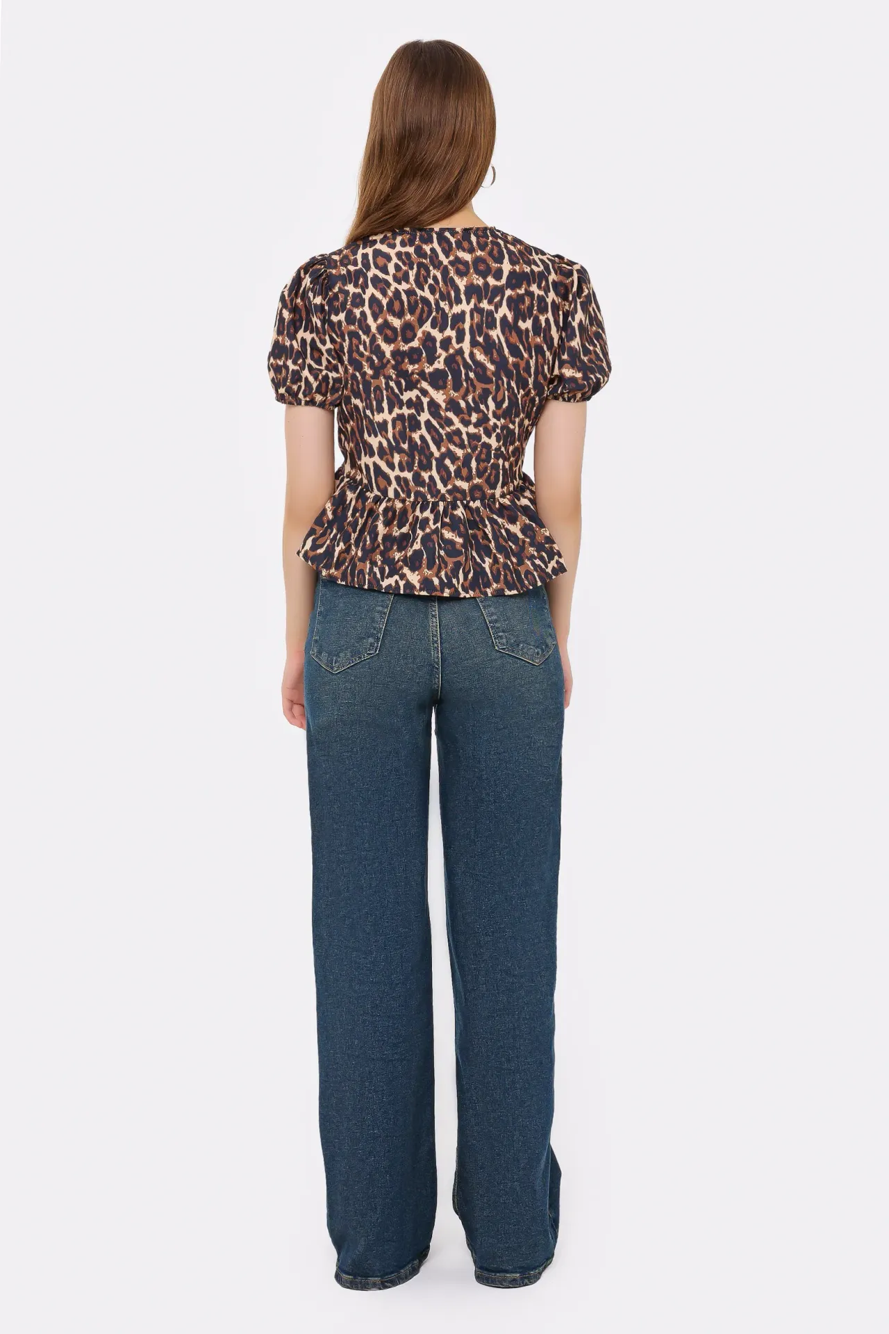 Animal Print Balloon Sleeve Blouse with Tie Front