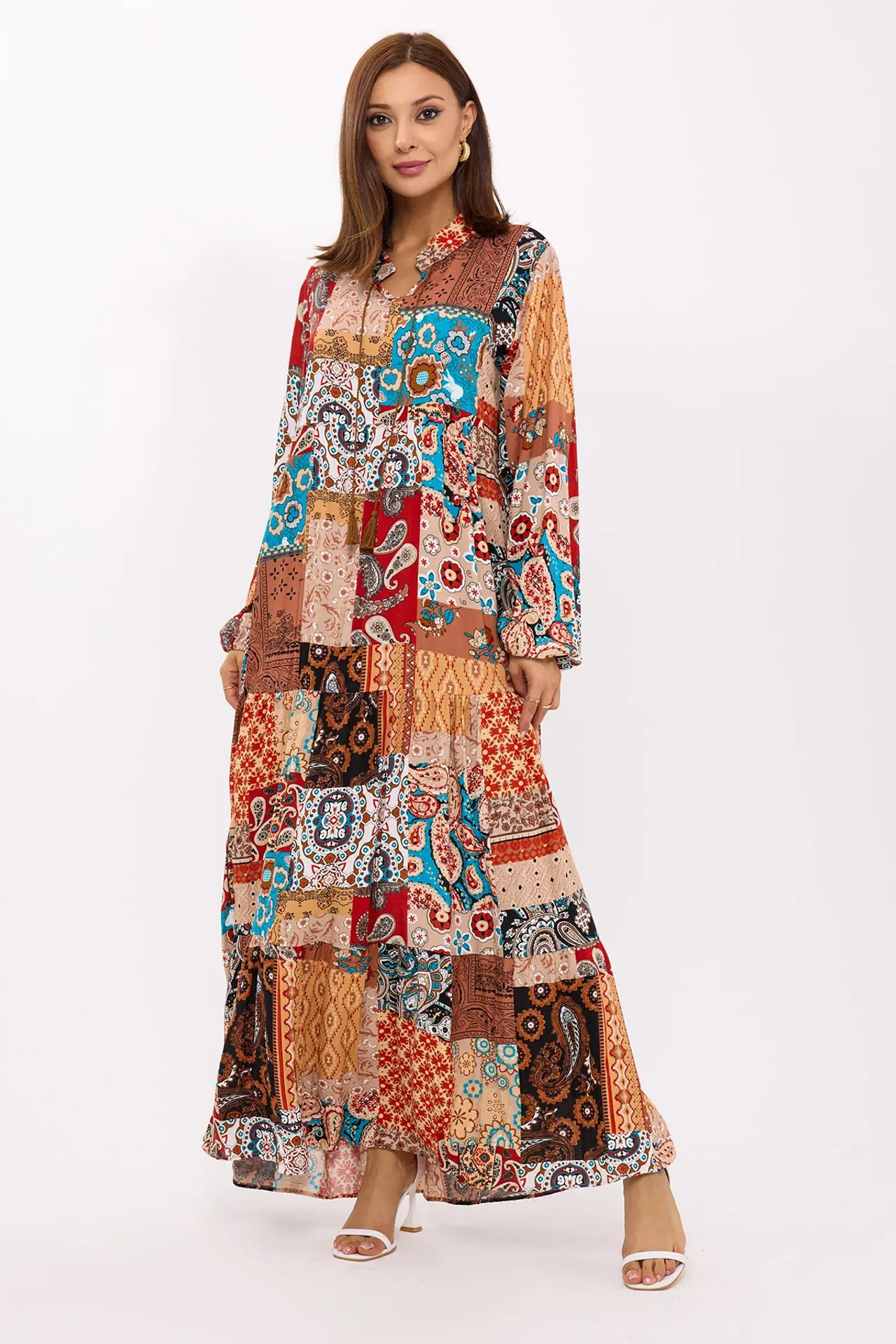 Abstract Tie-Front Maxi Tunic Dress