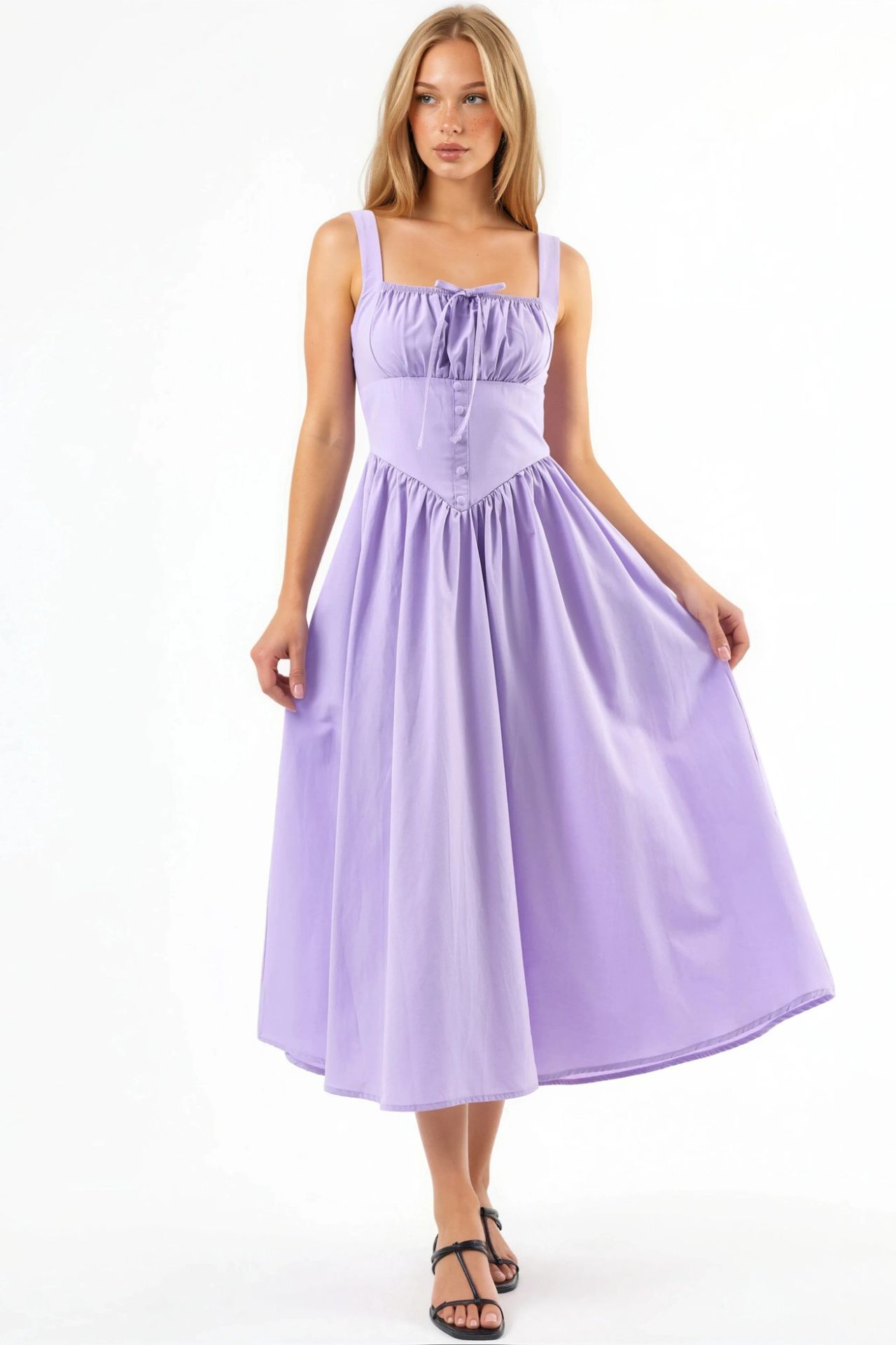 BUSEM Midi Dress with Square Collar and Button Detail 1