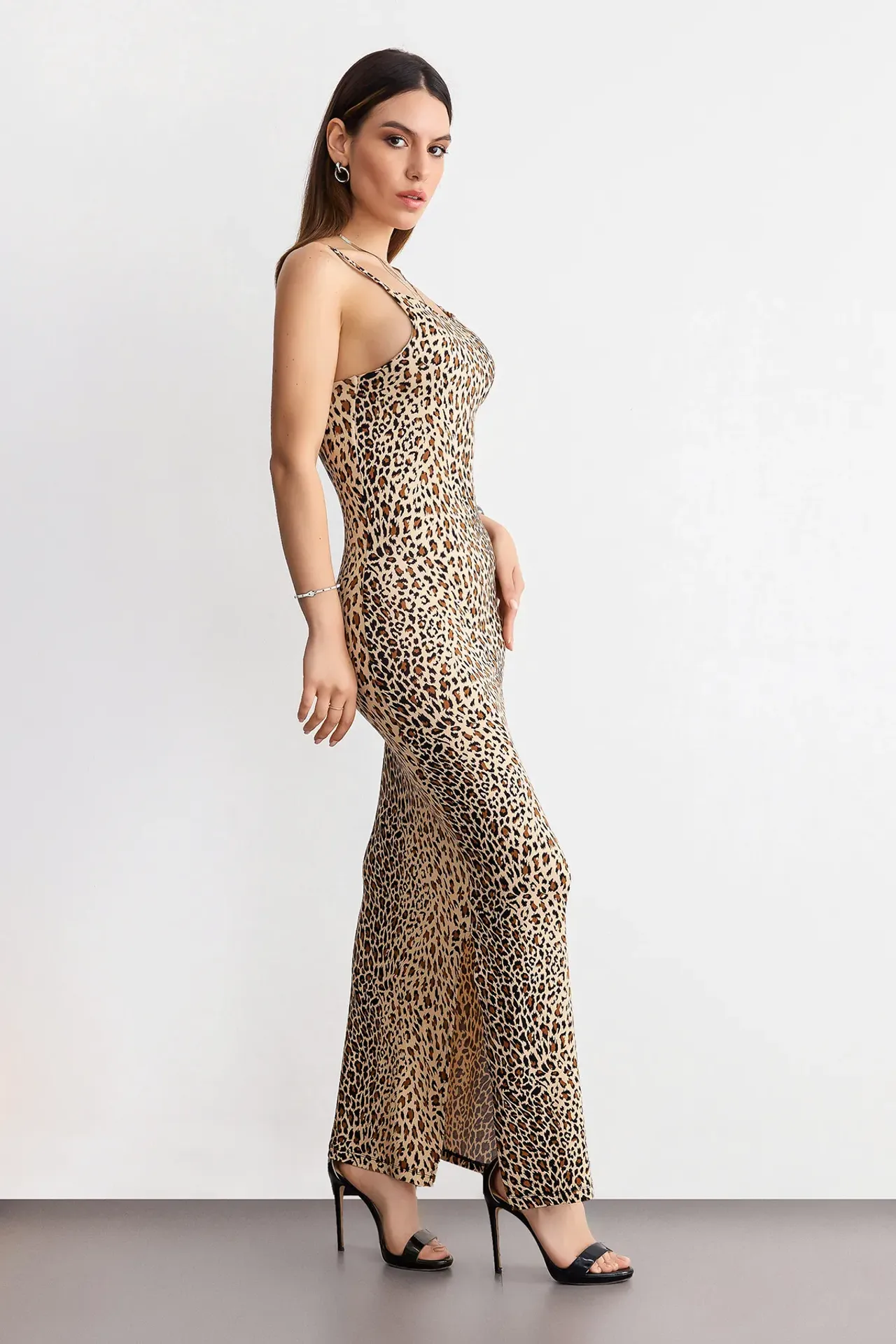 Animal Print Maxi Dress with Spaghetti Straps and Side Slit