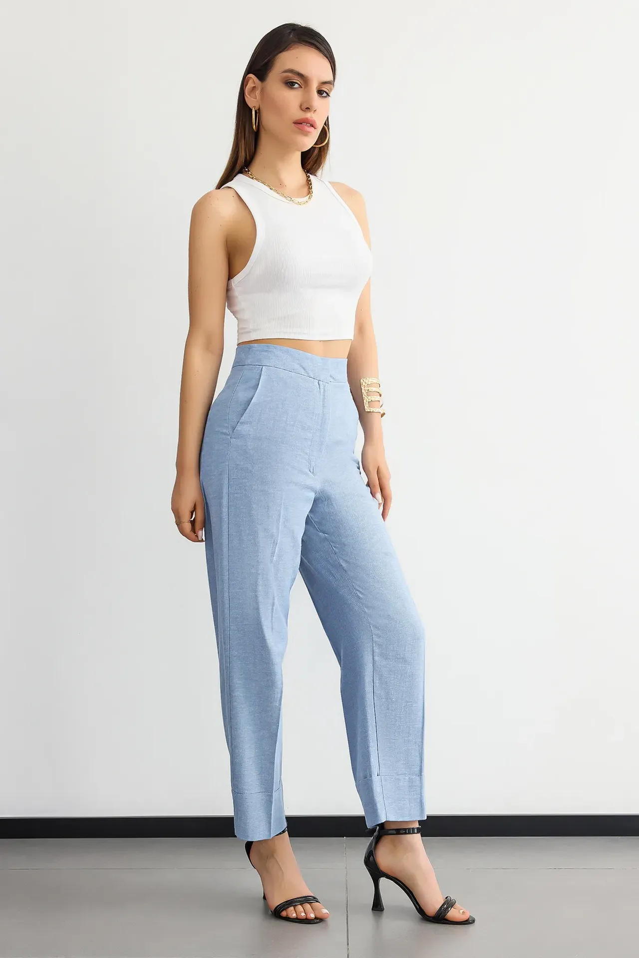 High Waist Linen Straight-Leg Trousers