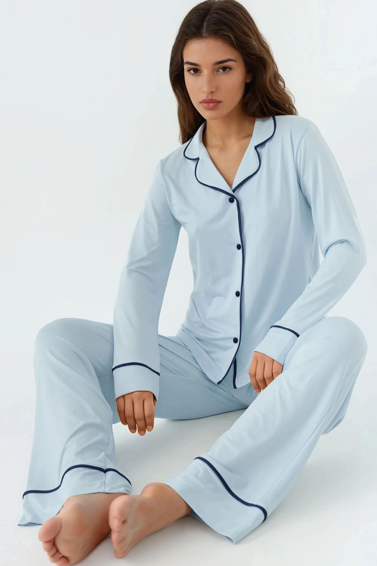 Relaxed Fit Long Sleeve Extra Soft Touch Pajama Set with Shirt Collar 2