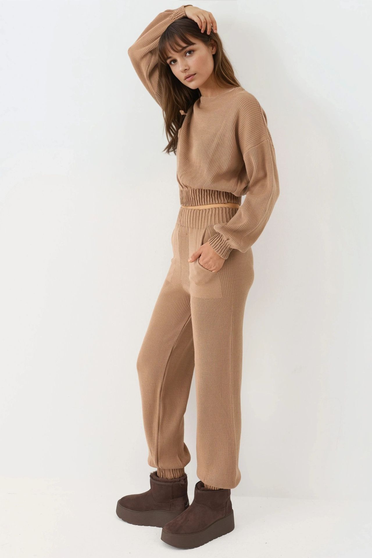 MY FASHION Ribbed Cropped Crew Neck Sweater & Elastic Cuff Pants Knit Co-Ord Set 2