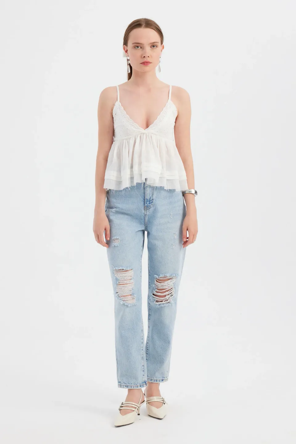Mesh Tiered V-Neck Sleeveless Top