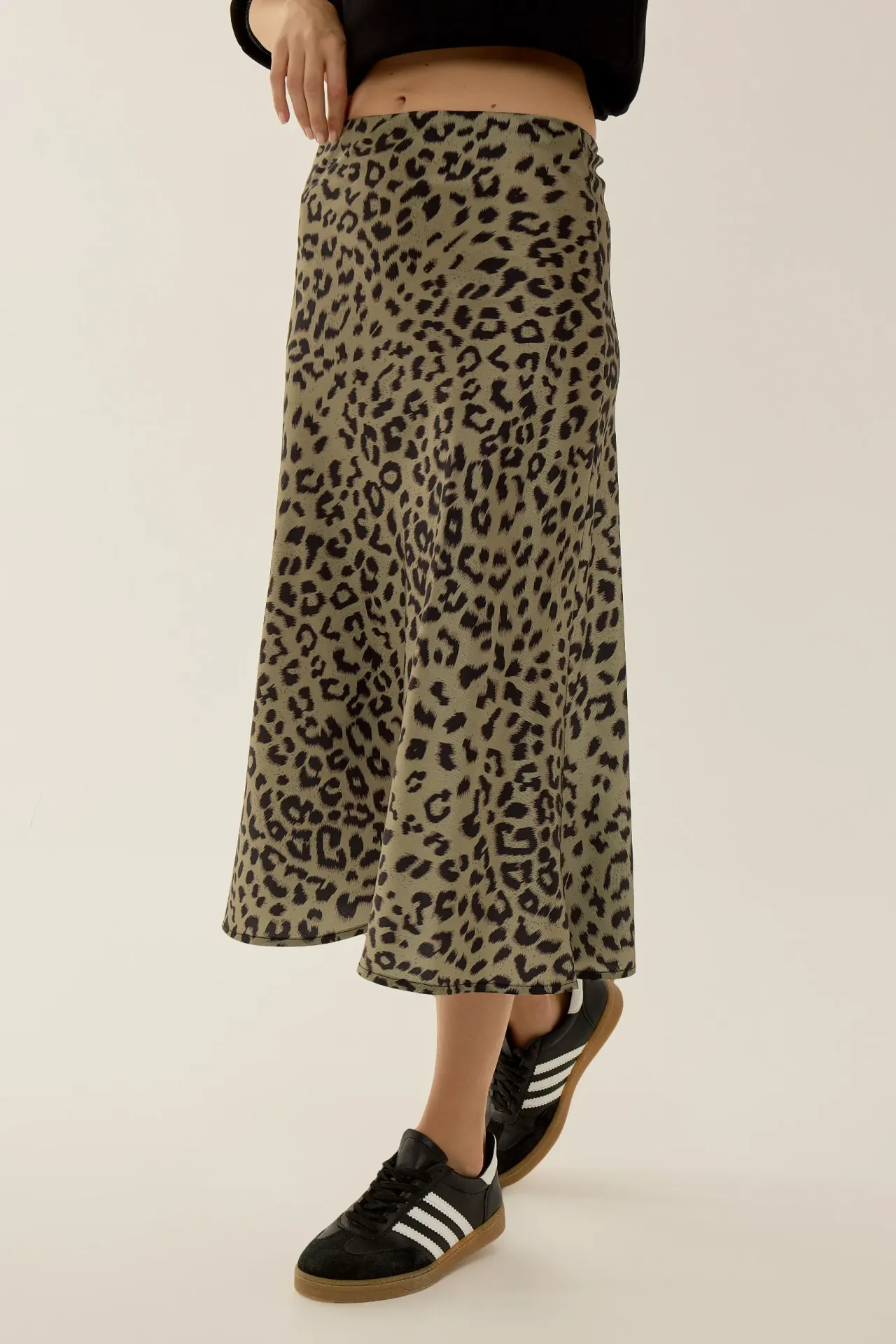 Leopard Print Satin Midi Skirt With Elastic Waist Band