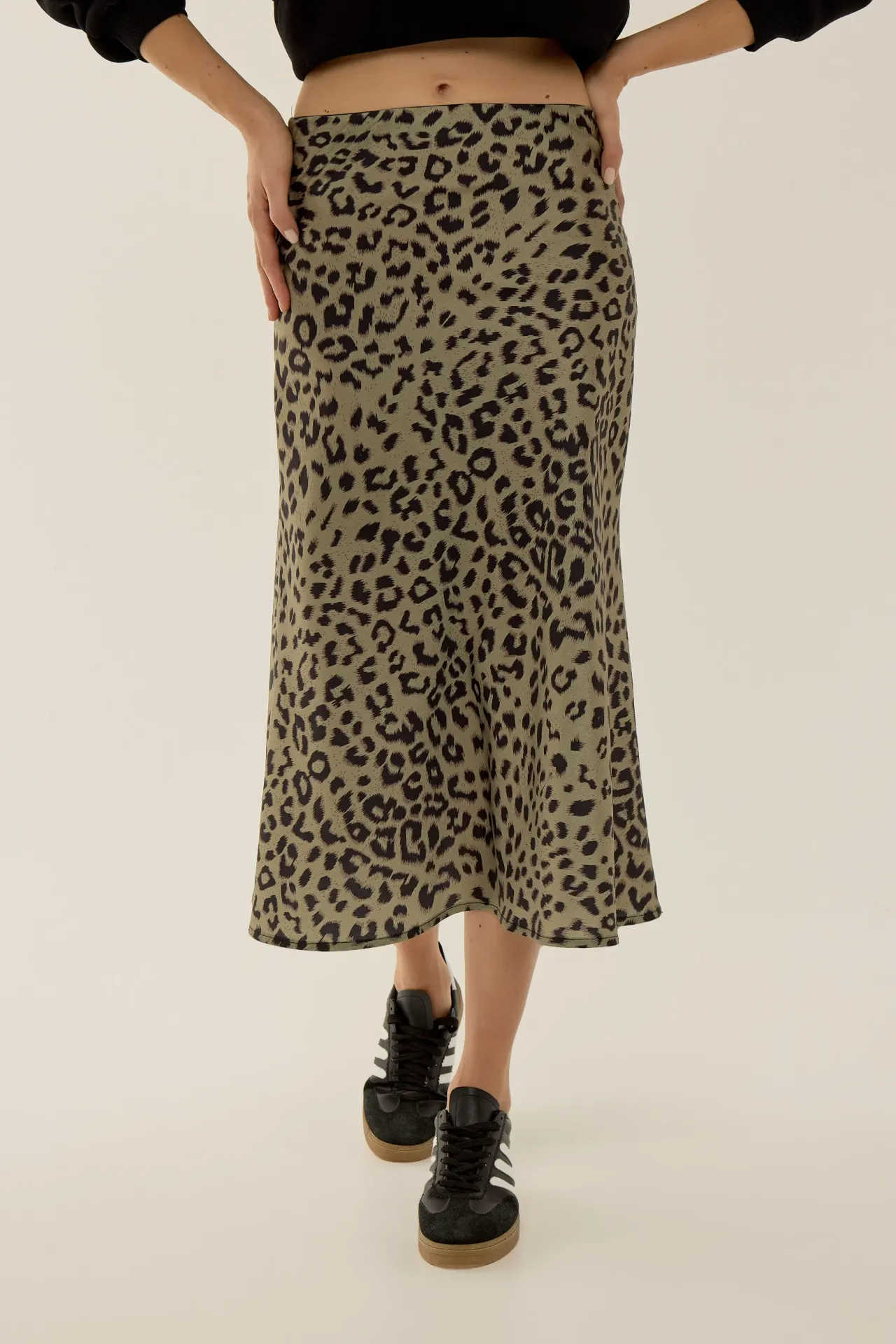 Leopard Print Satin Midi Skirt With Elastic Waist Band