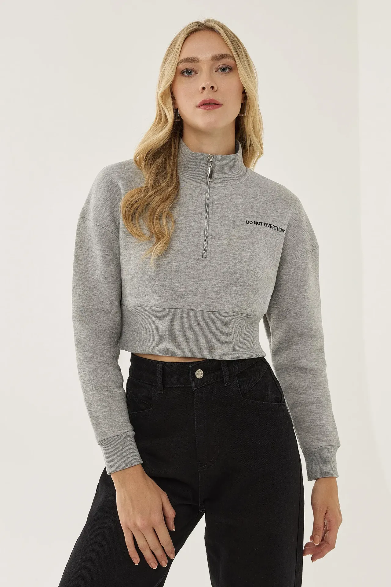 Zipper Collar Crop Slogan Sweatshirt