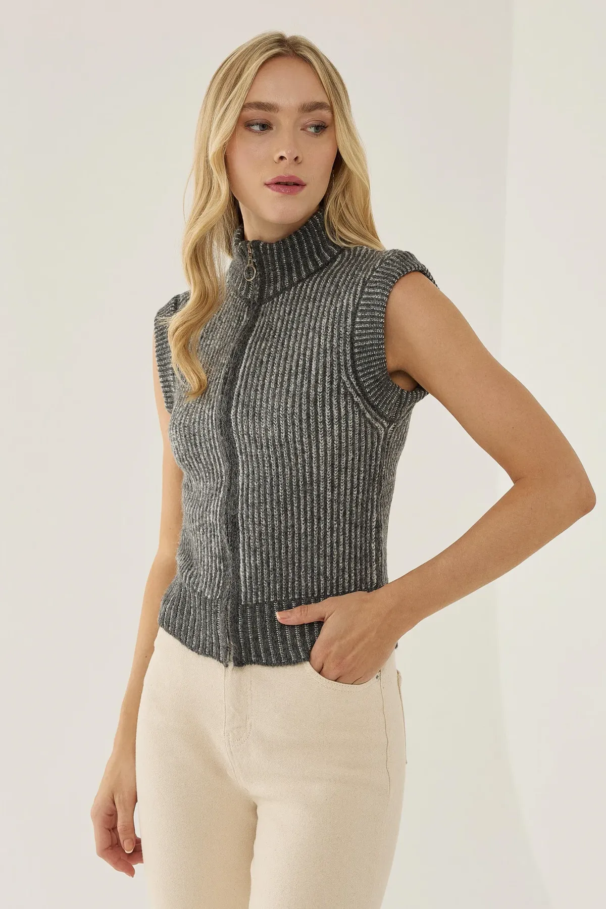 Striped Zip-Through Sleeveless Knit Vest 1