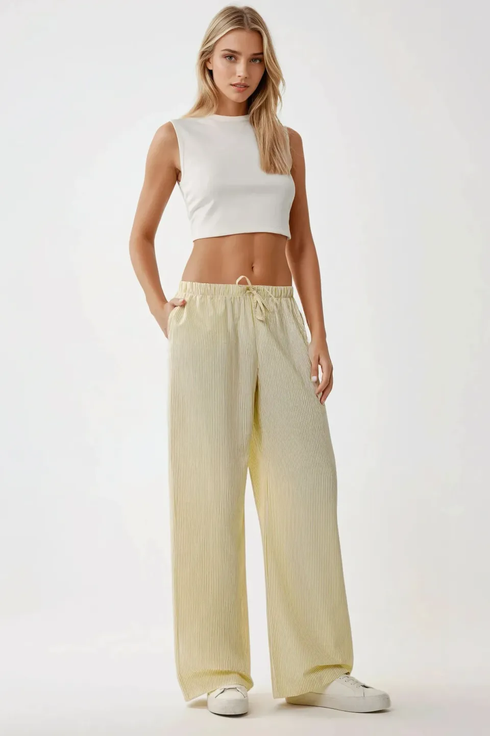 Elastic Waist Striped Cotton Pants