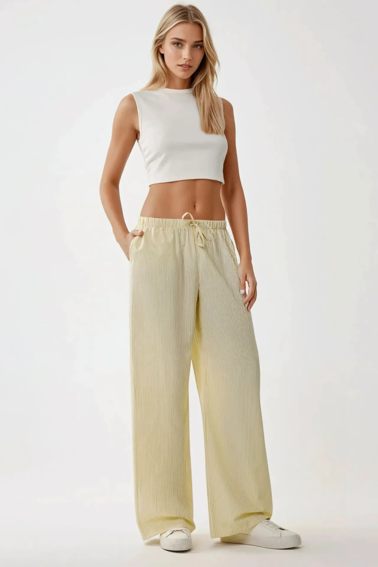Elastic Waist Striped Cotton Pants