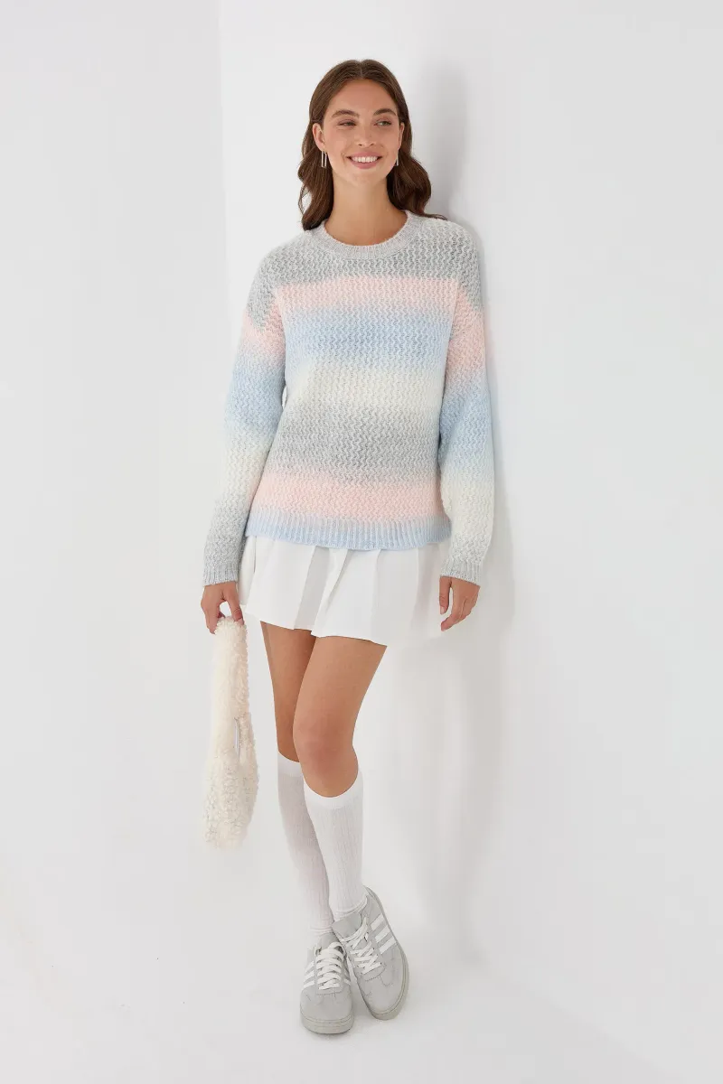Striped Crew Neck Textured Knit Sweater 2