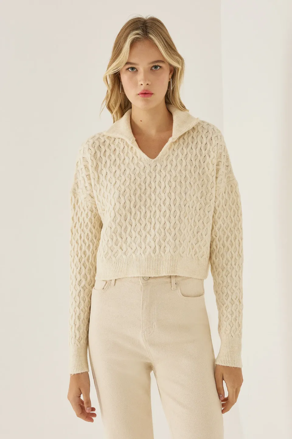 Textured Knitted Sweater with Shirt Collar