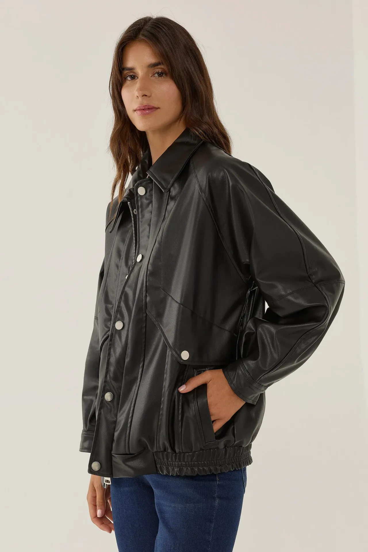 Oversized Faux Leather Jacket with Double Pockets