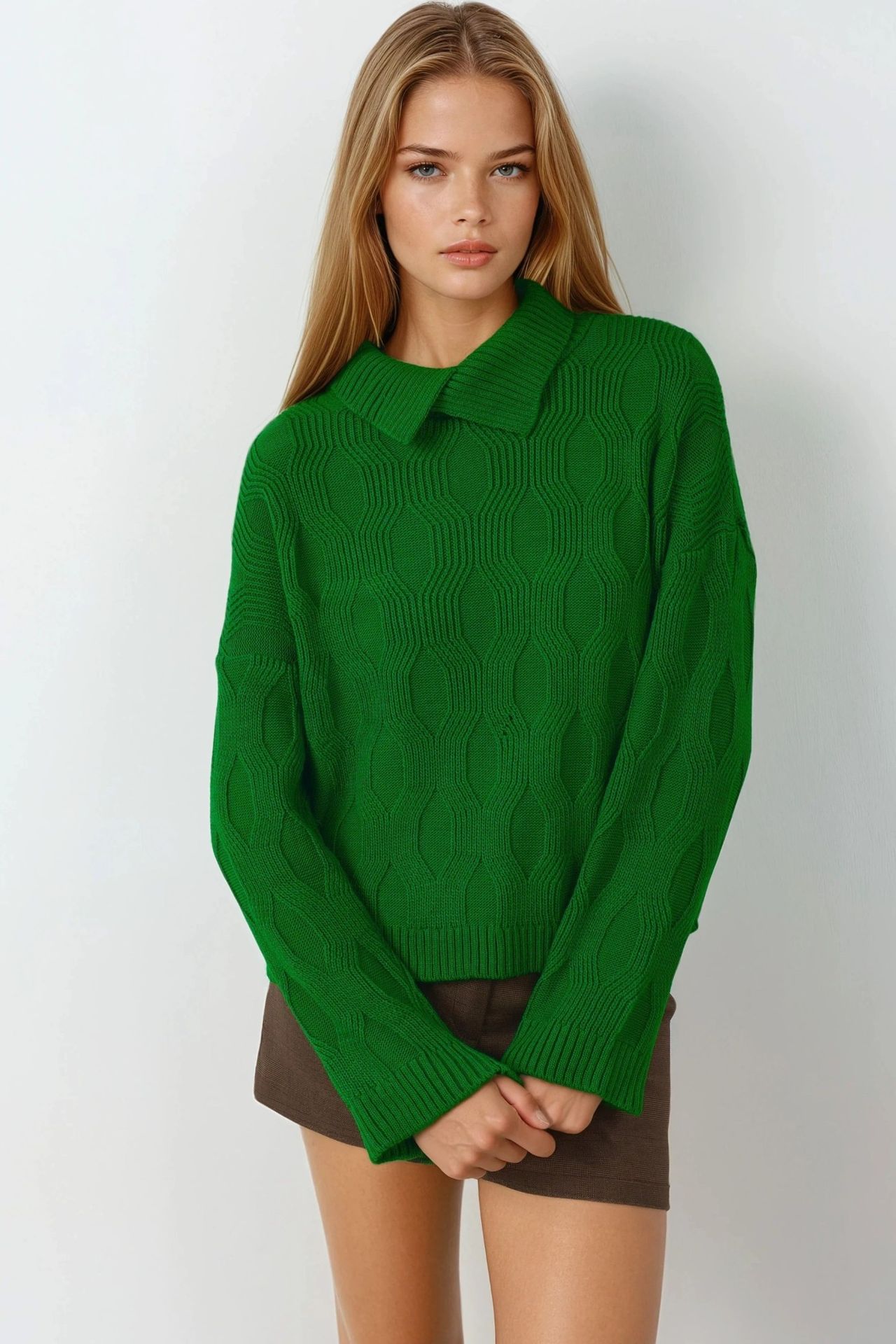 MY FASHION Patterned Knit Sweater with Collar Detail 1
