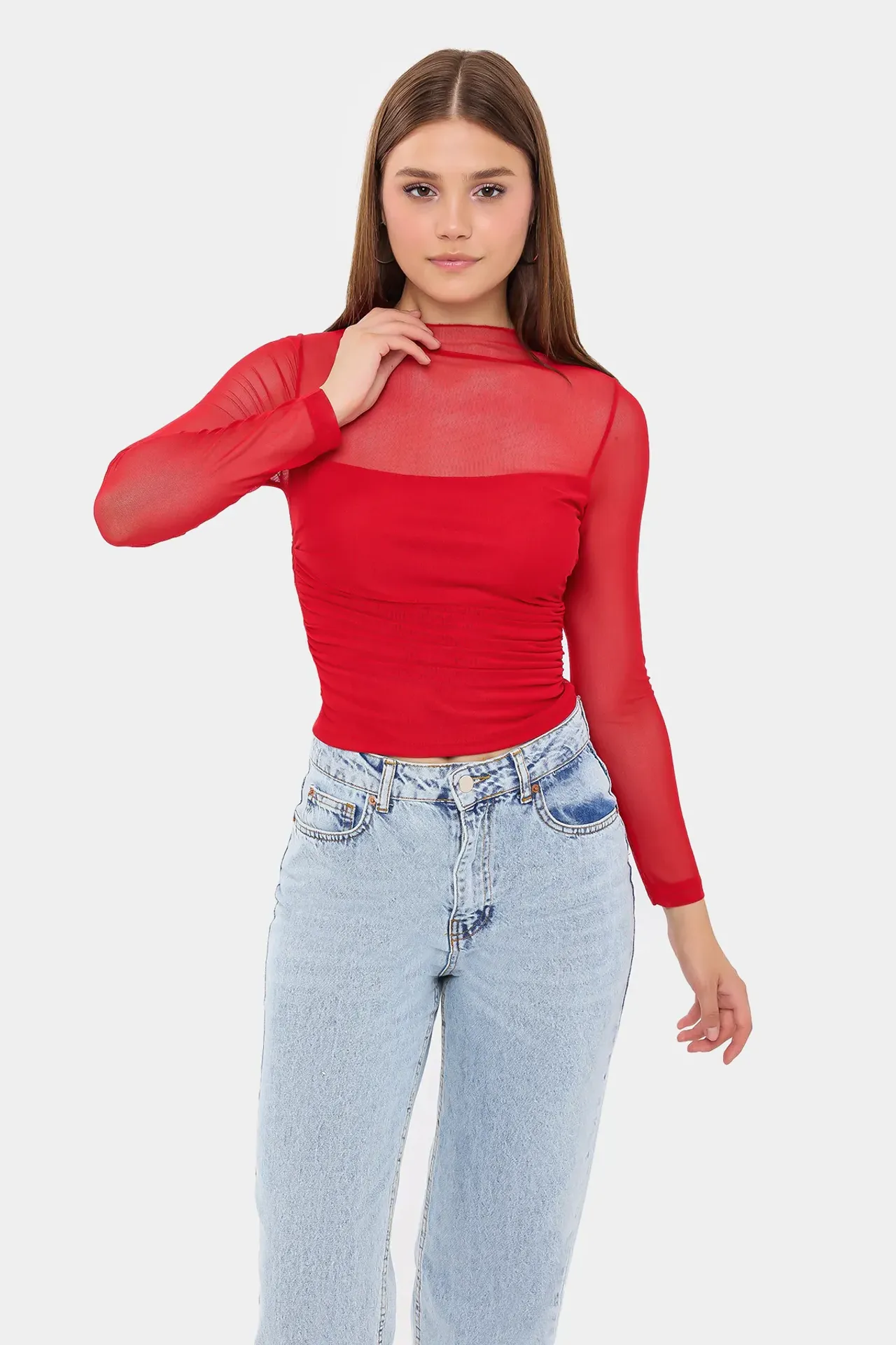 Mesh Cropped High-Neck Blouse with Ruched Detail