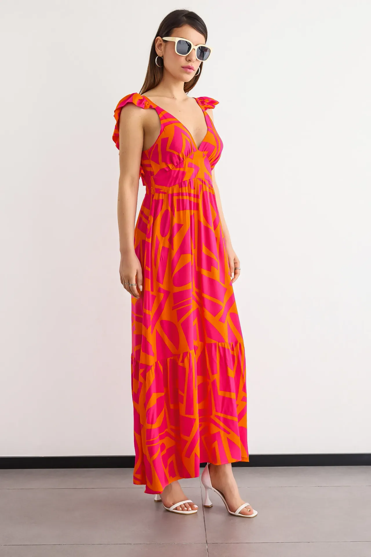 Geometric Tiered Maxi Dress with V-Neck and Back Detail