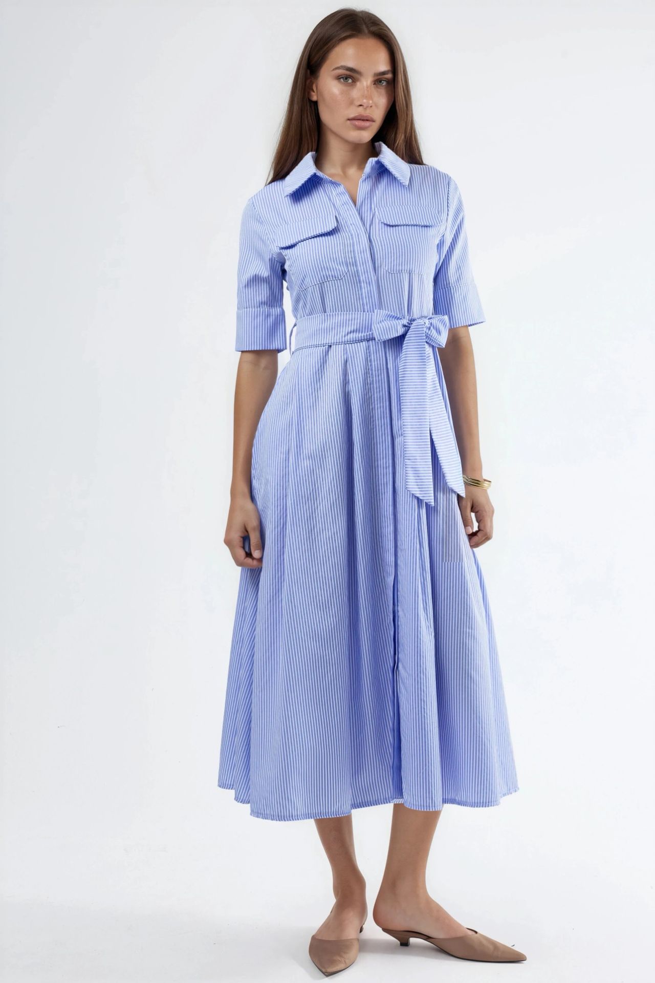 BUSEM Belted Striped Midi Shirt Dress 5