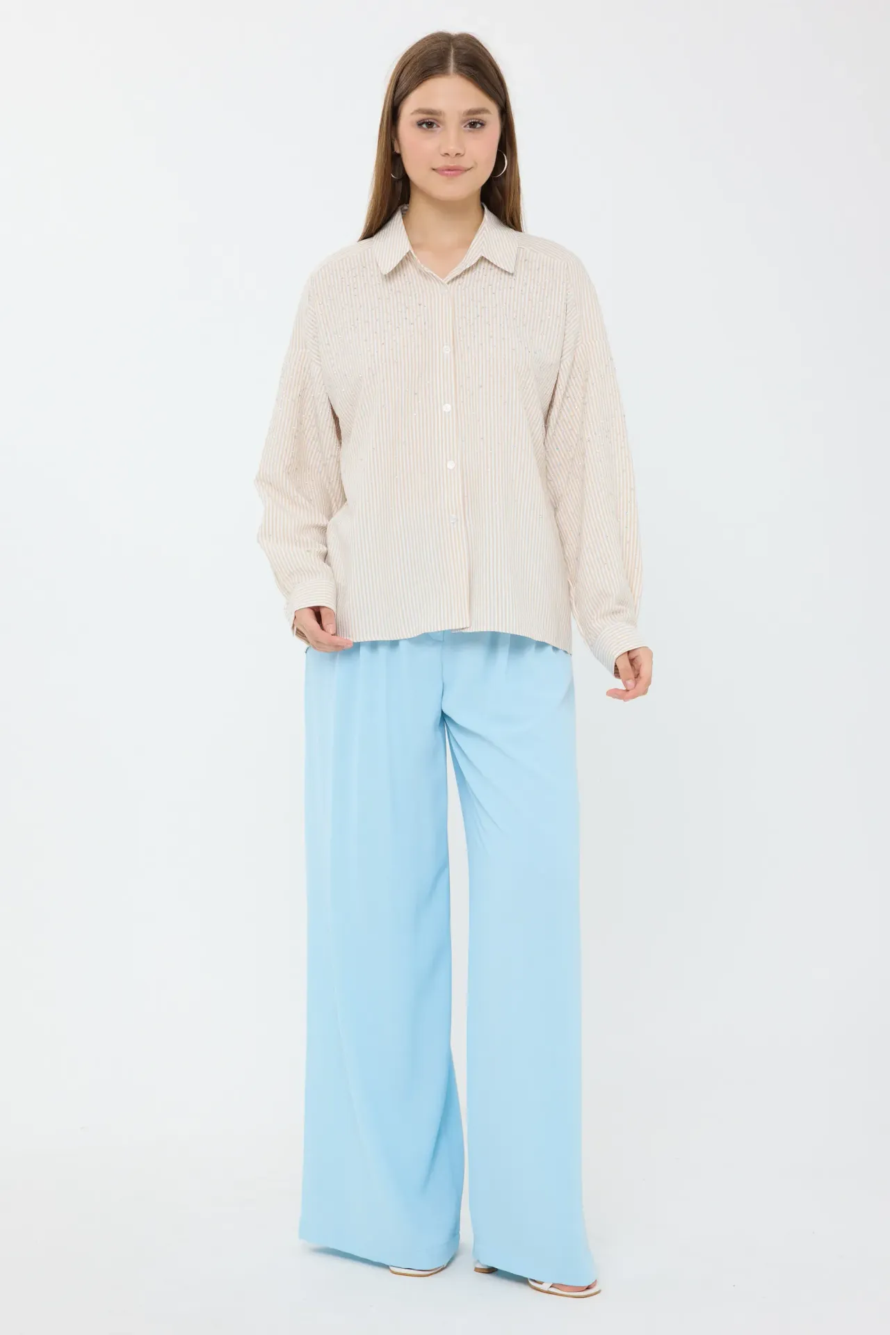 Relaxed Long-Sleeve Shirt with Stone Embellishments