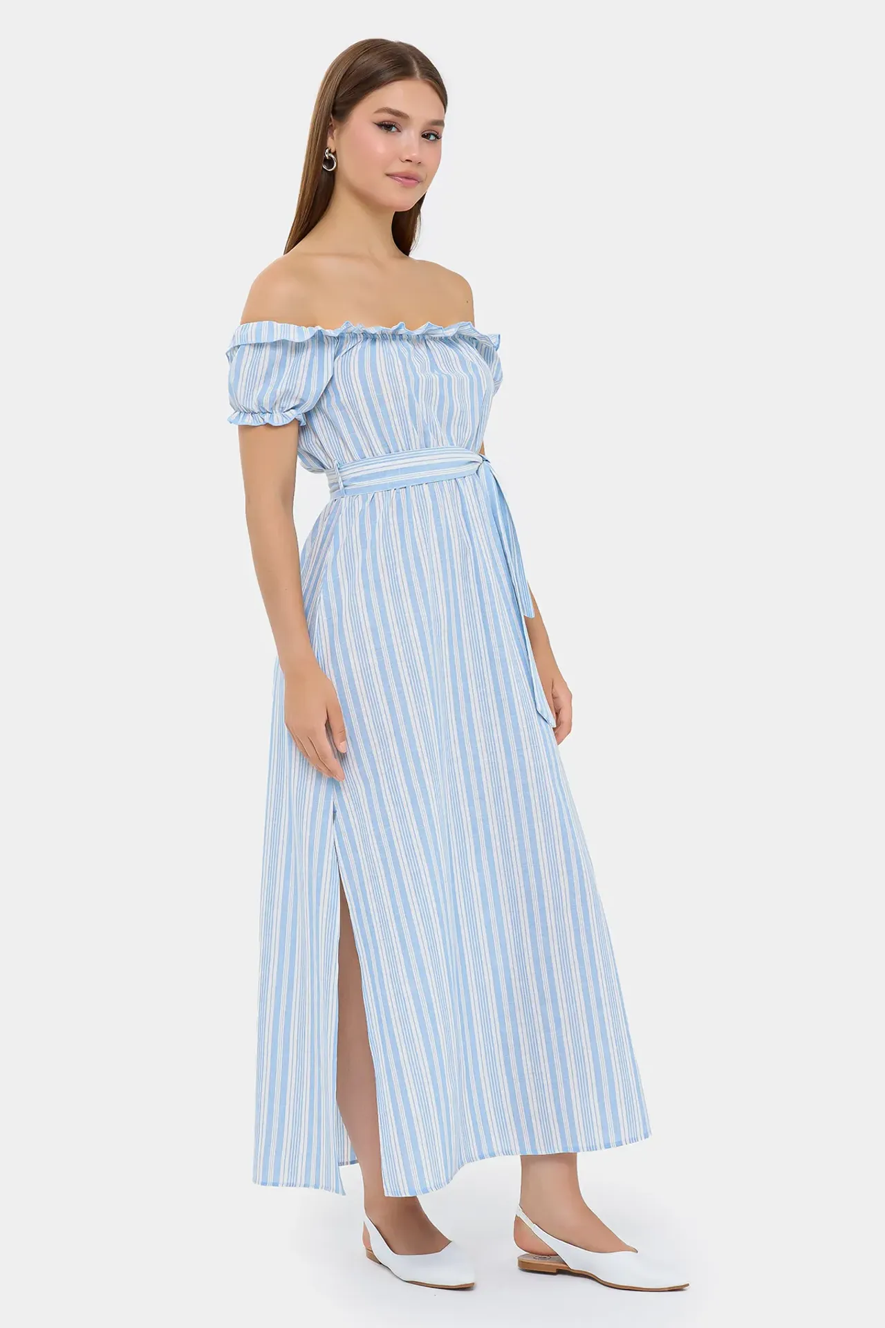 Striped Off-Shoulder Maxi Dress with Slit