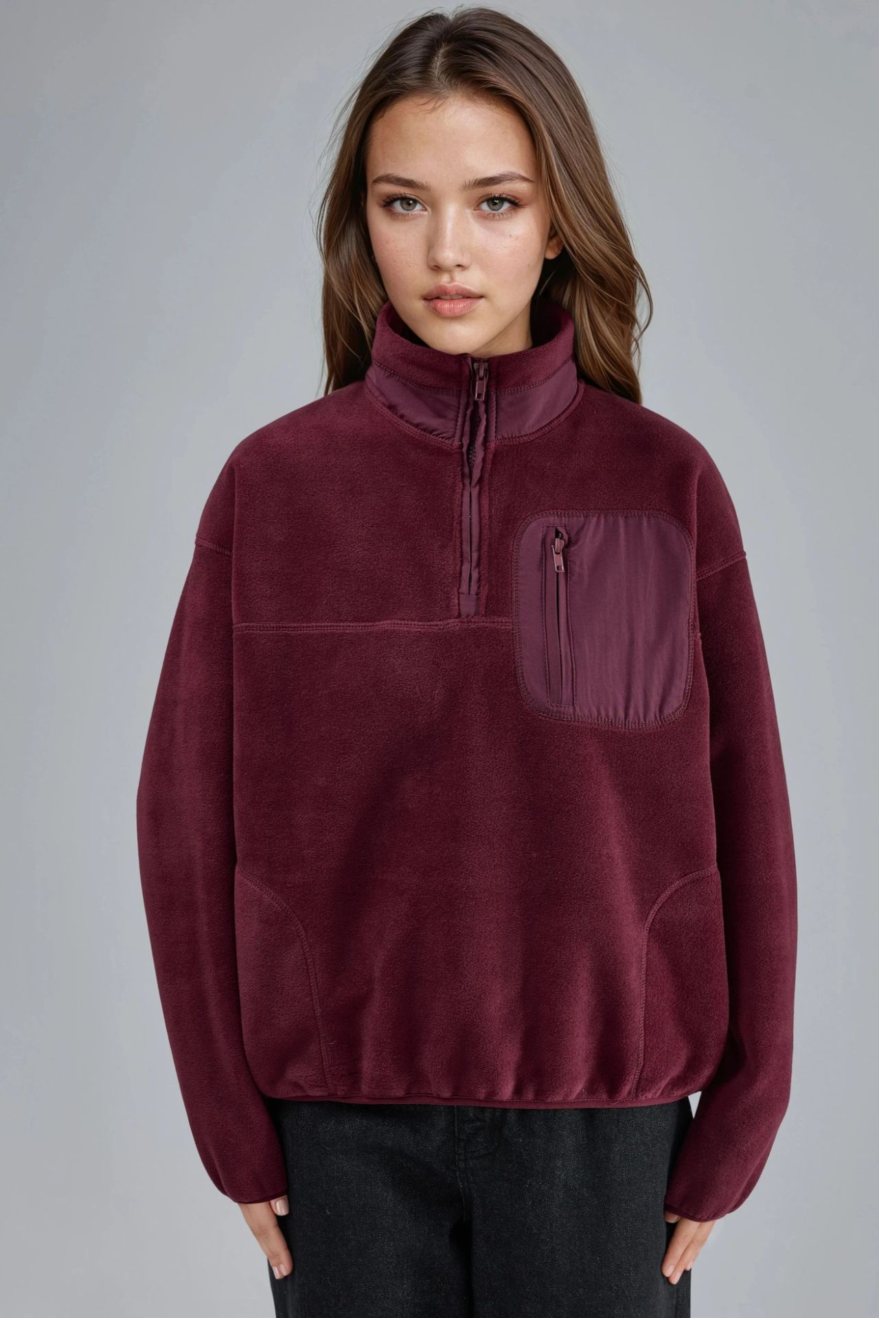 BUSEM Zipper Collar Plush Knit Sweatshirt with Pocket