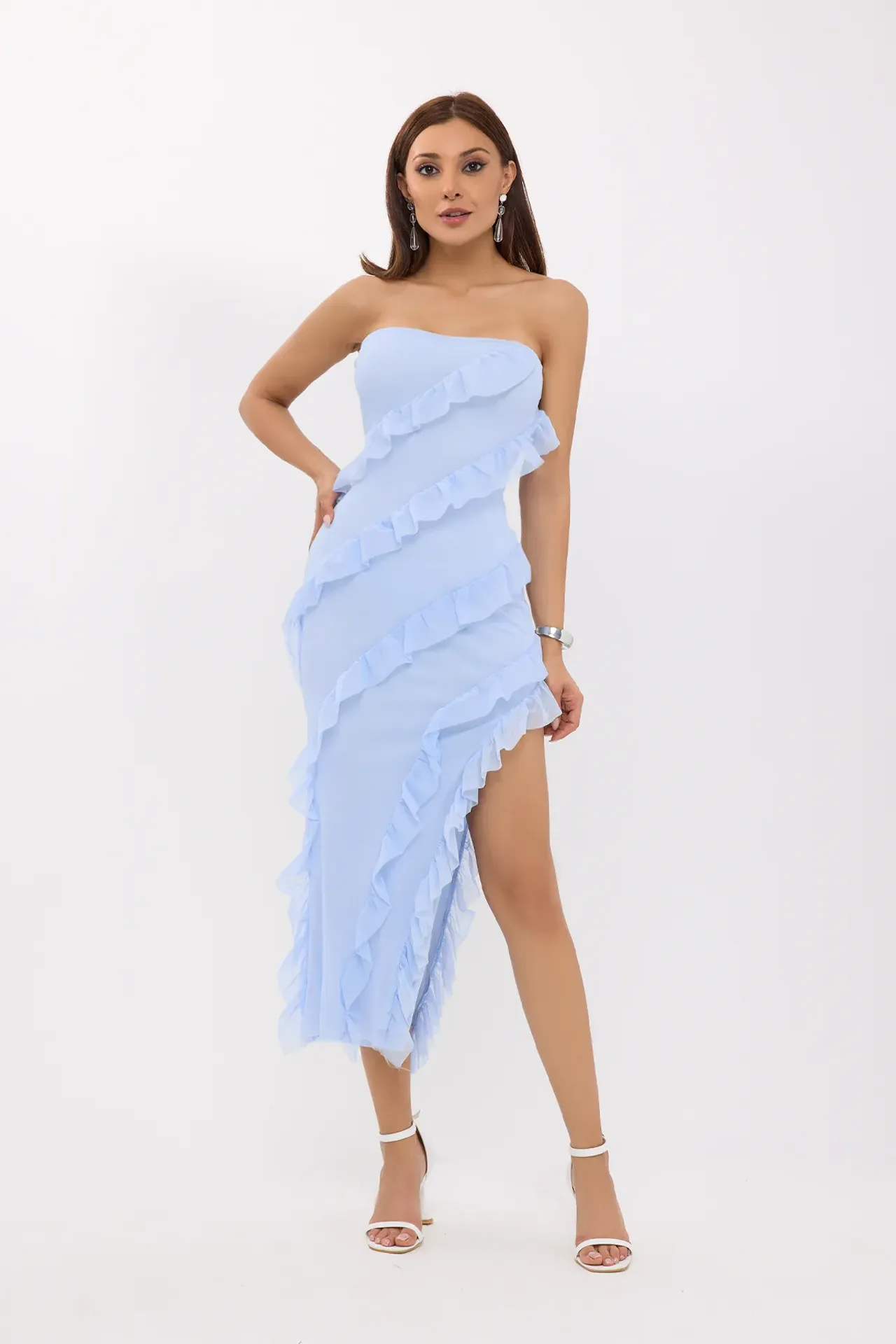 Strapless Asymmetric Ruffled Midi Dress