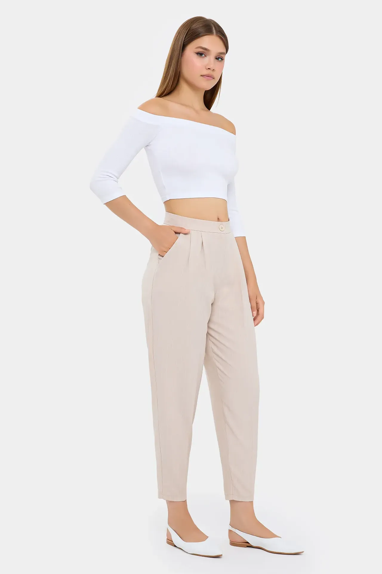 High-Waist Striped Carrot Trousers 