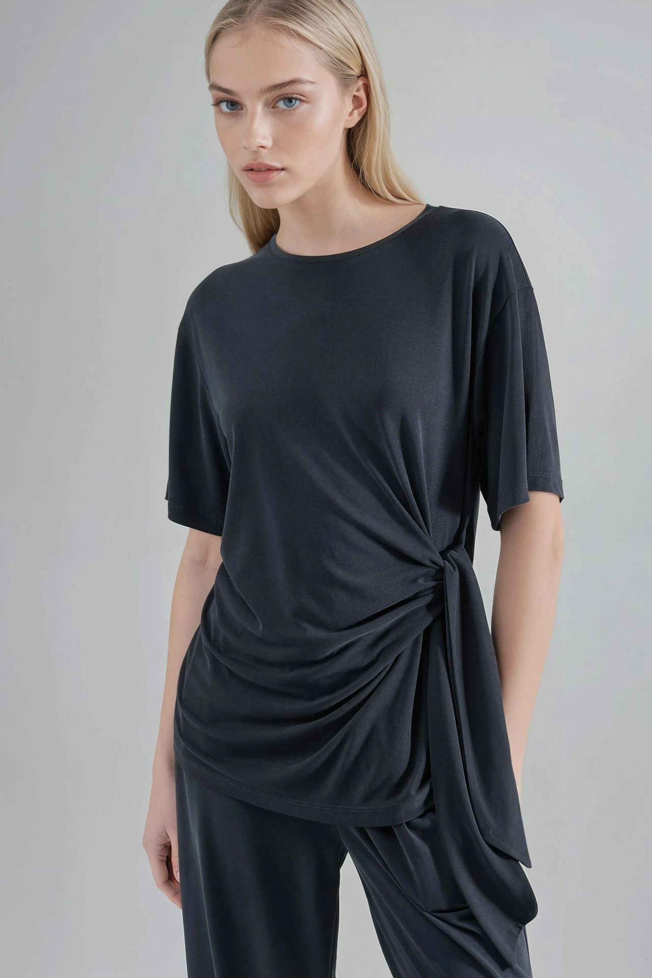 BUSEM Loose Fit Crew Neck Modal Blouse with Tie Detail 1