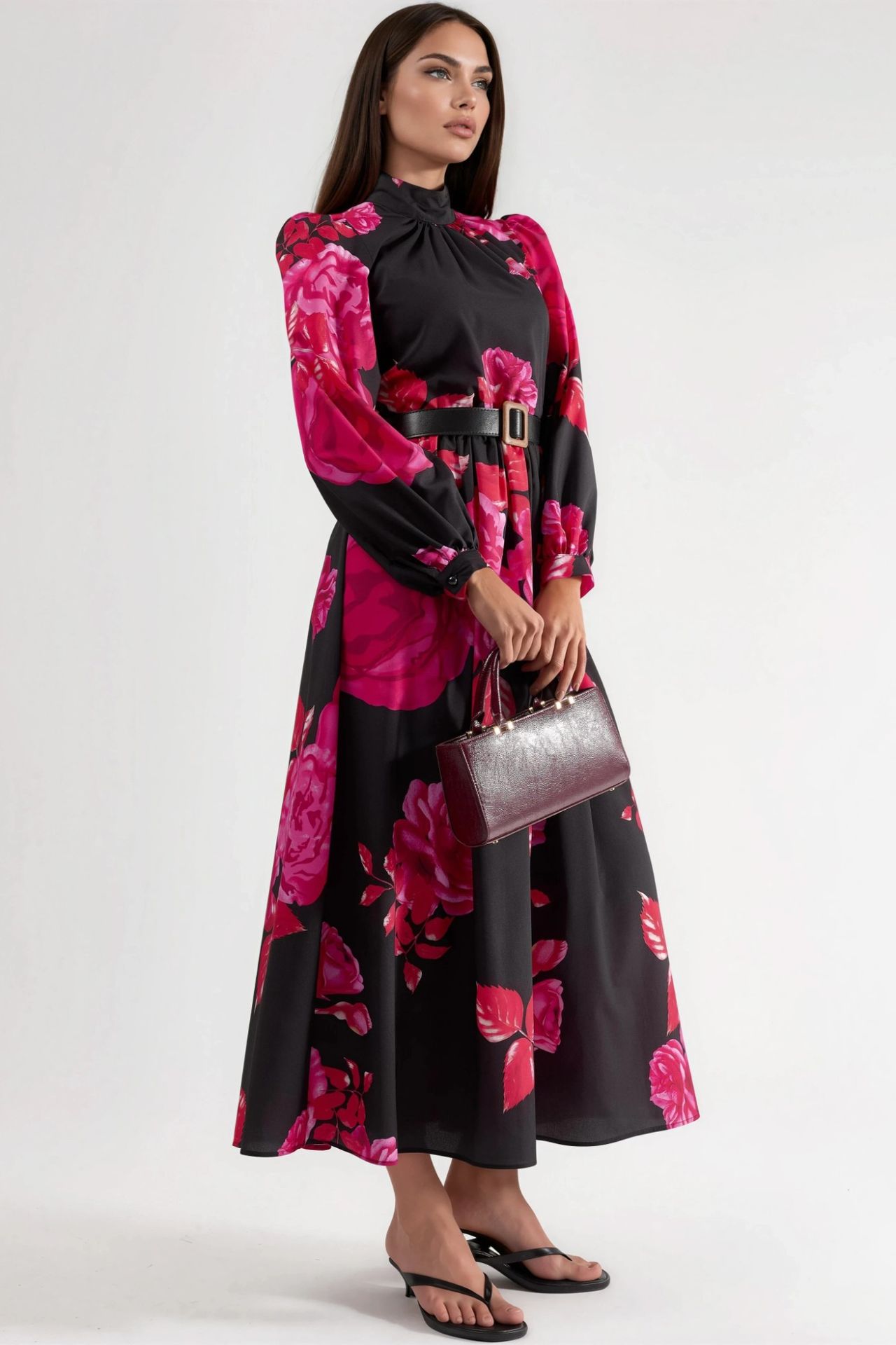 MSN Floral Belted Maxi Dress with Half Turtleneck 2